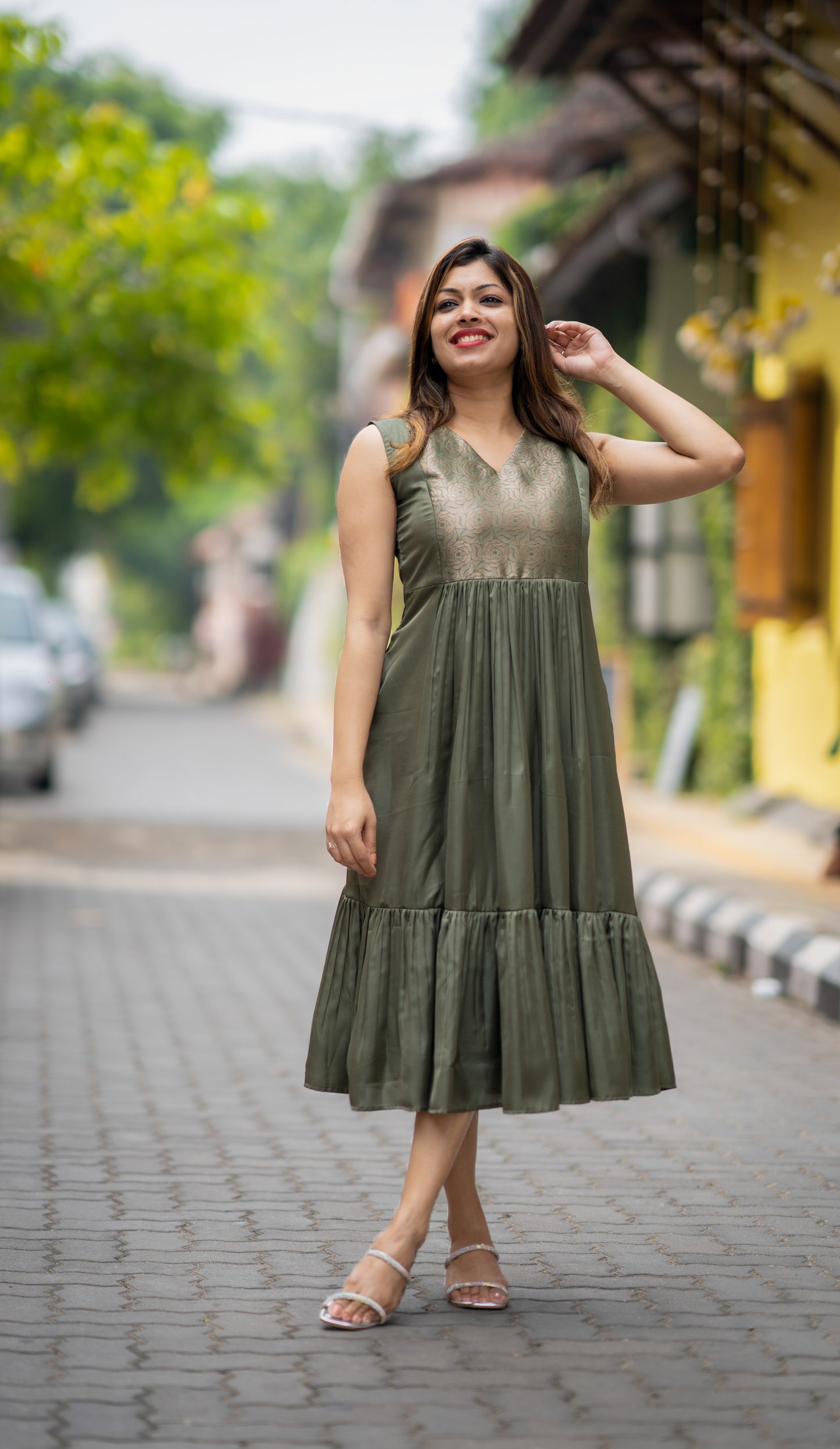 Semi modal silk kurti/dress with brocade yoke in olive green shade MBS-479