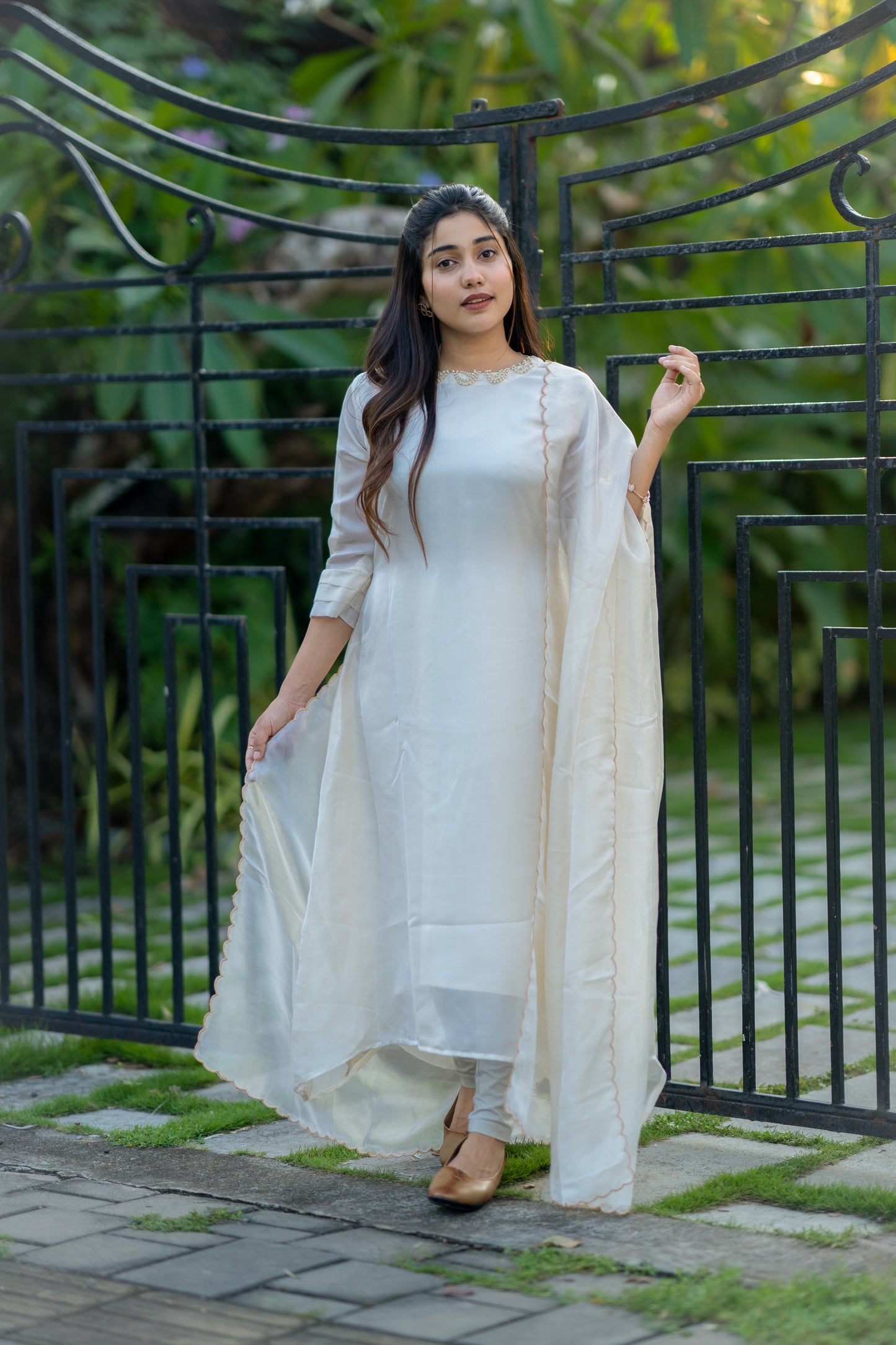 Self golden threaded Jute organza Aline kurti in cream shade with pearl lace neckline MBS-483