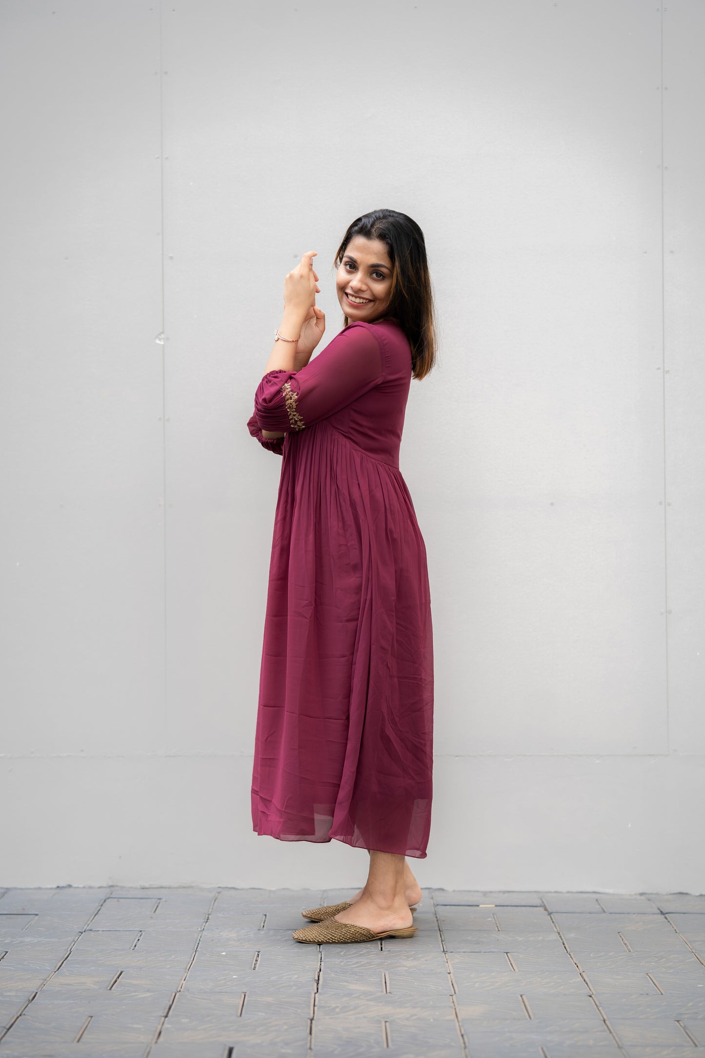 Pastel ruby purple shaded georgette Aline kurti with handworked yoke and sleeves MBS-411