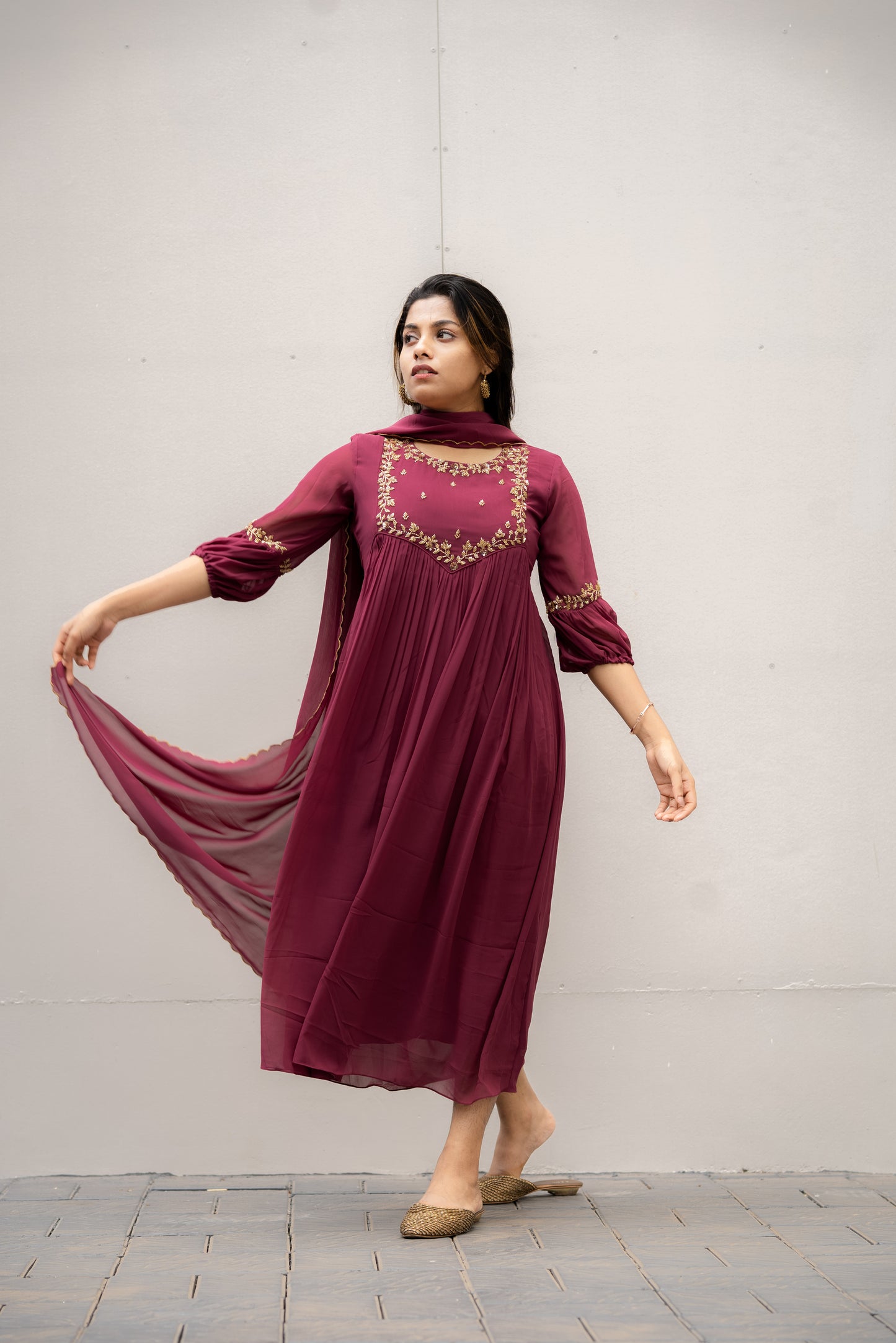 Pastel ruby purple shaded georgette Aline kurti with handworked yoke and sleeves MBS-411