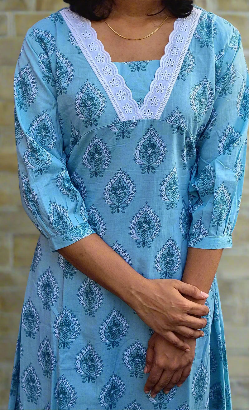Pastel aqua green shaded floral printed cotton A-line kurti with lace detailing MBS-605 ***Ready to dispatch***