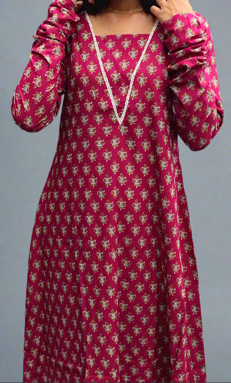 Burgundy shaded floral printed cotton A-line kurti with lace detailing MBS-601 ***Ready to dispatch***