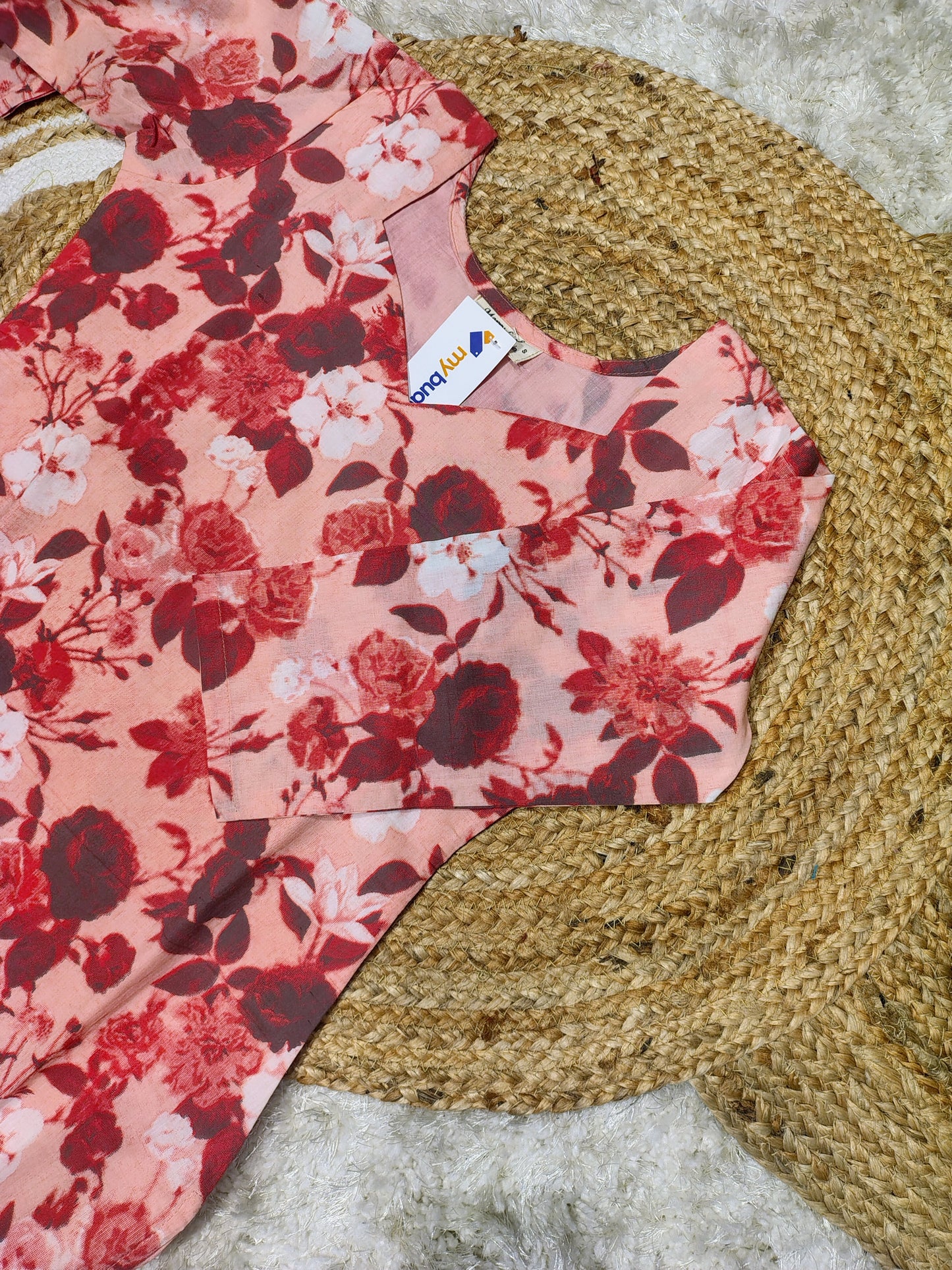 Peachy pink shade floral printed cotton slitted kurti MBS-831