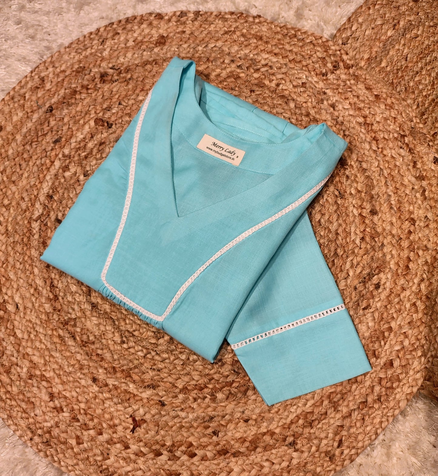 Cyan blue shaded slub cotton kurti with lace detailing and gathers MBS-837 **Ready to dispatch** (TOP ONLY)