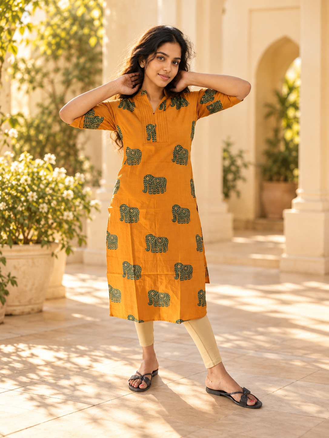 Pumpkin orange shaded cotton slitted kurti with elephant prints MBS-1550 **Ready to dispatch**