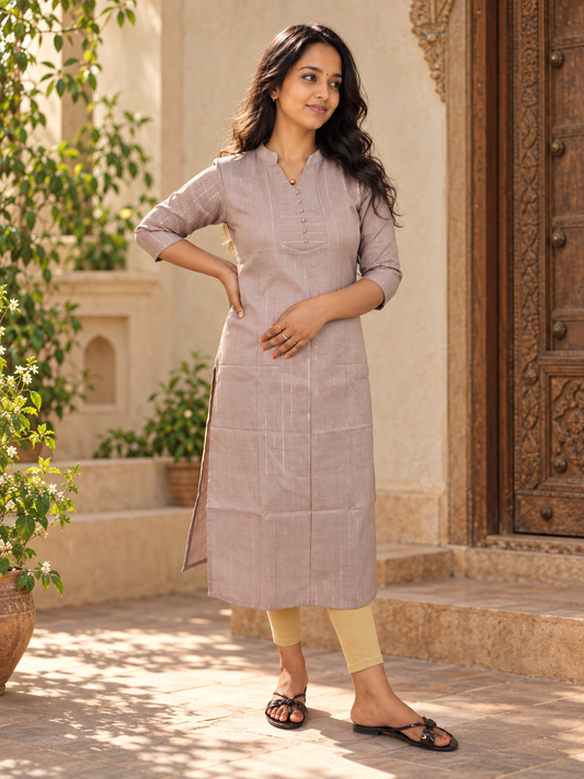 Dark beige semi cotton lurex lined Aline kurti MBS-1417 **Ready to dispatch**