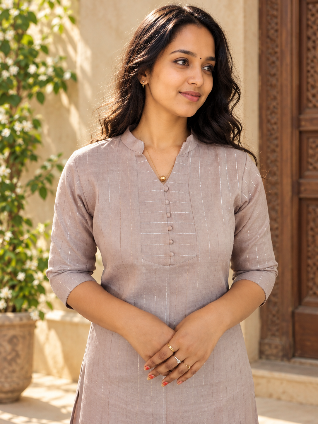 Dark beige semi cotton lurex lined Aline kurti MBS-1417 **Ready to dispatch**