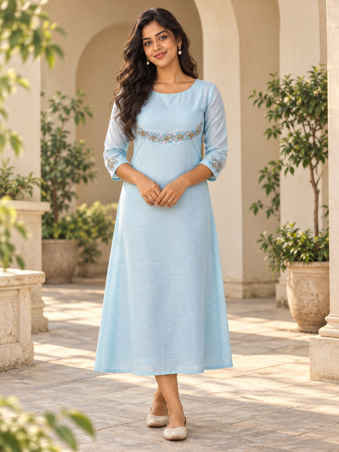 Blue soft kota checks Aline kurti with handworked yoke and sleeves MBS-1477