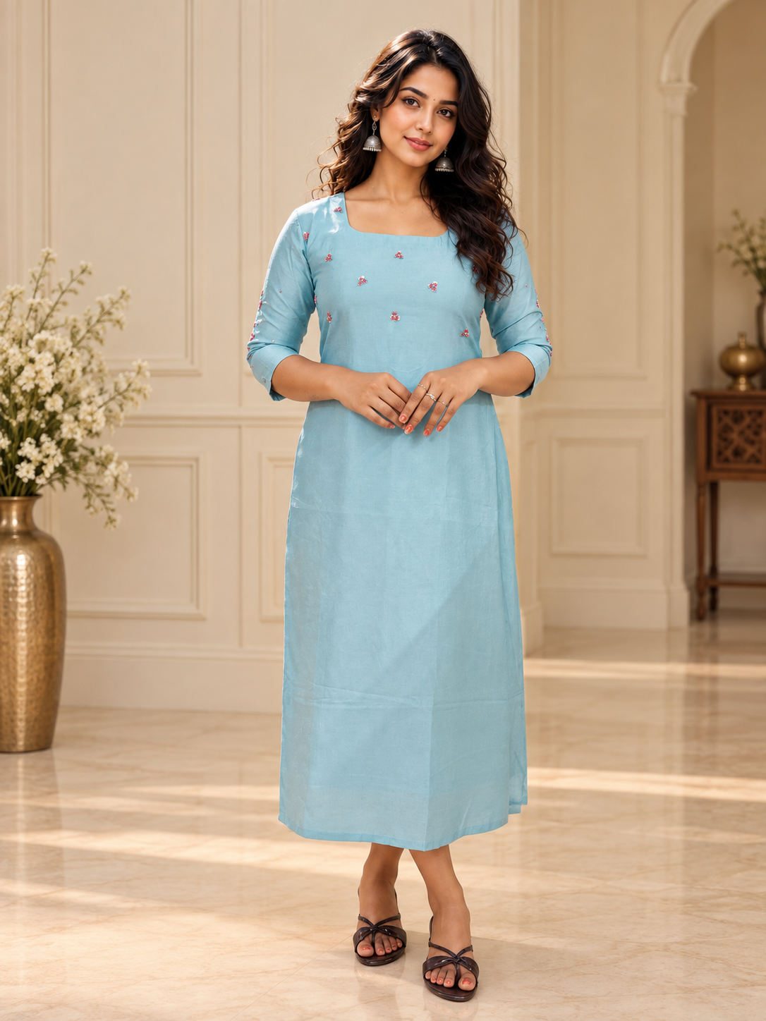 Pastel blue shaded badri silk Aline kurti with handworked yoke and sleeves MBS-1468