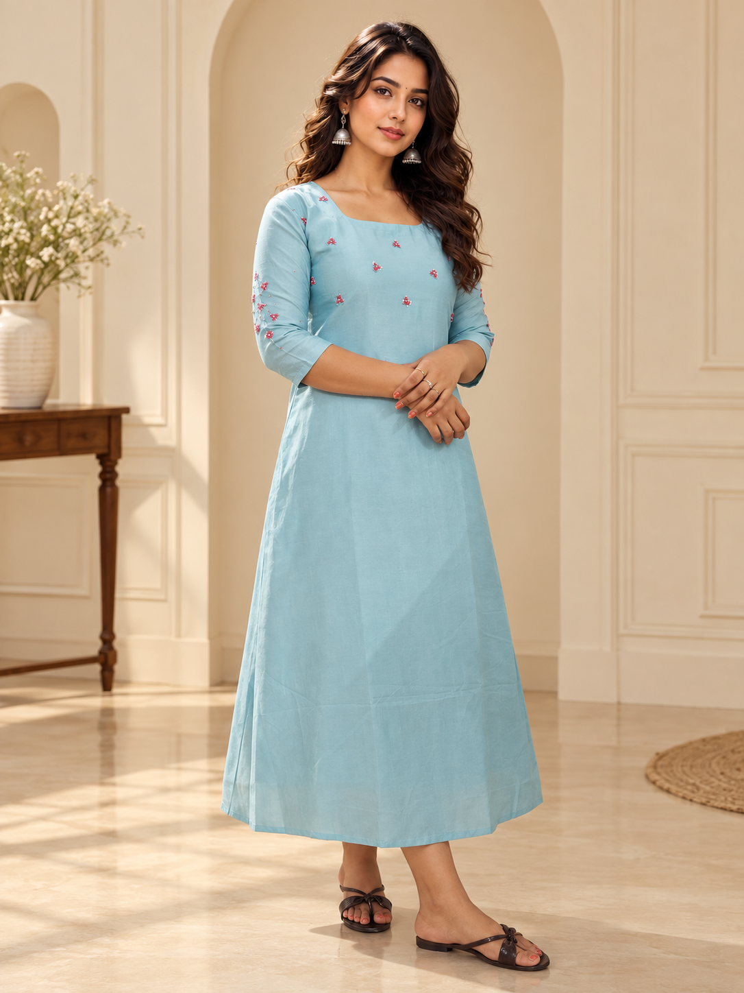 Pastel blue shaded badri silk Aline kurti with handworked yoke and sleeves MBS-1468
