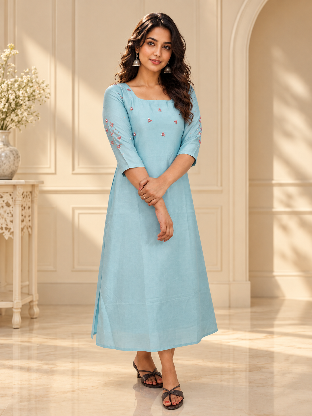 Pastel blue shaded badri silk Aline kurti with handworked yoke and sleeves MBS-1468