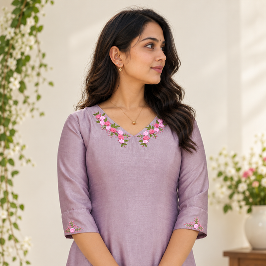 Light lilac Aline Kurti with thread embroidered neckline MBS-1469 **Ready to dispatch**