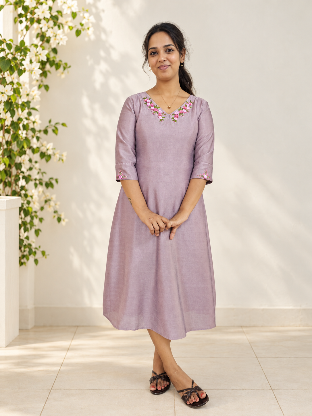 Light lilac Aline Kurti with thread embroidered neckline MBS-1469 **Ready to dispatch**