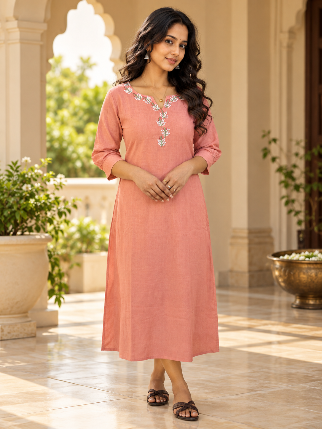 Peach flex cotton Aline kurti with floral embroidered yoke MBS-1487