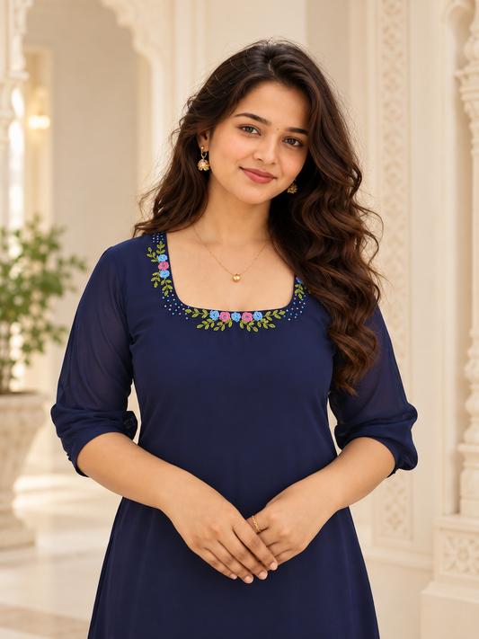 Navy blue georgette Aline kurti with threadworked neckline MBS-1444 **Ready to dispatch**