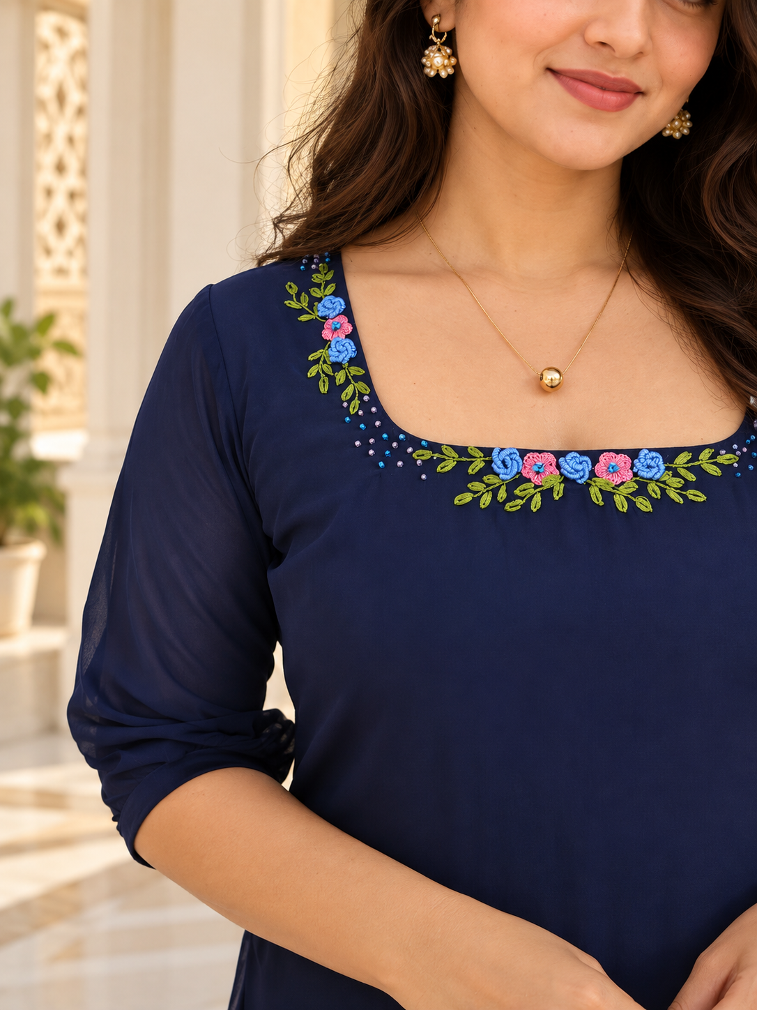 Navy blue georgette Aline kurti with threadworked neckline MBS-1444 **Ready to dispatch**