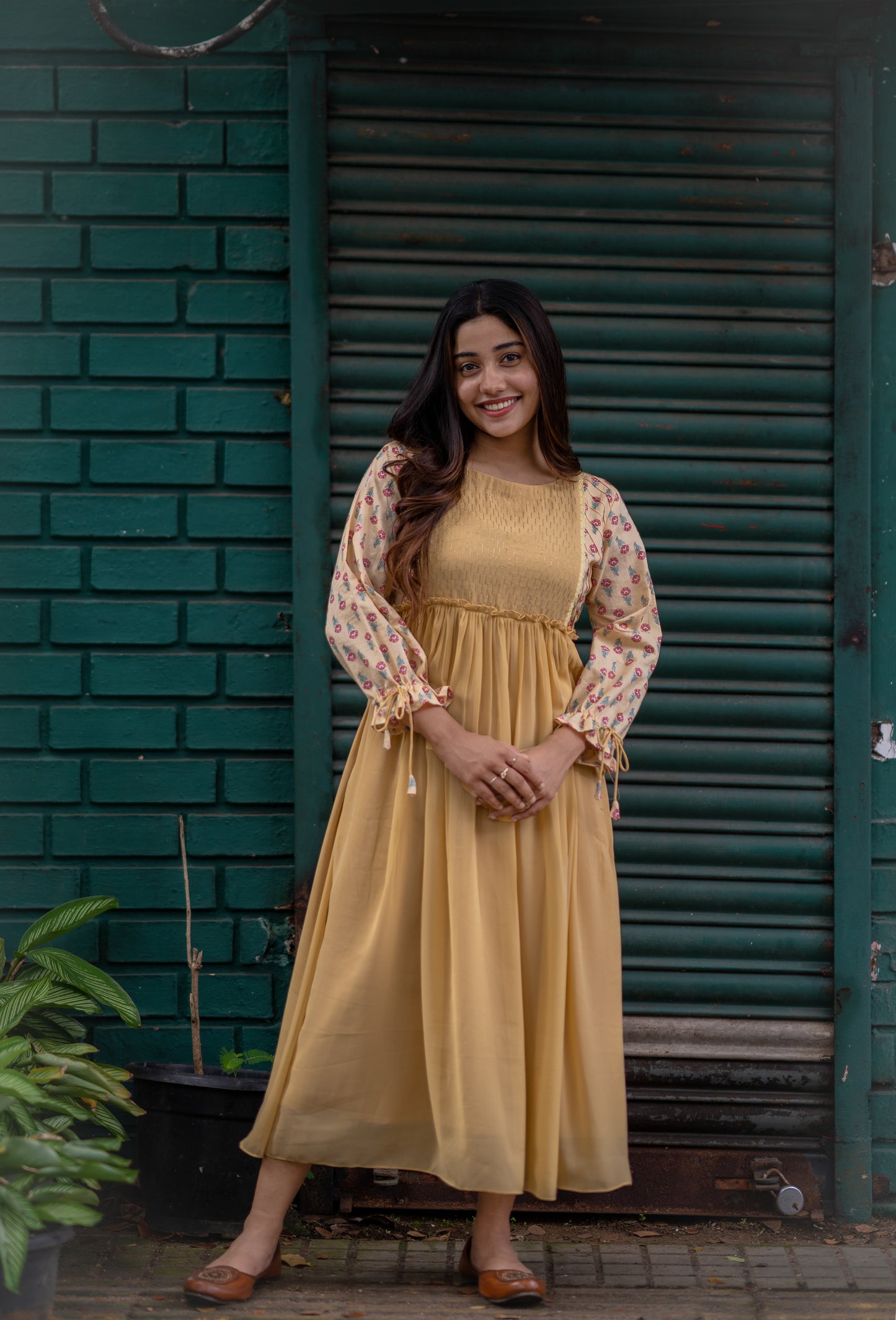 Pastel yellow shaded georgette Aline kurti with zari thread detailed yoke and cotton sleeves MBS-486