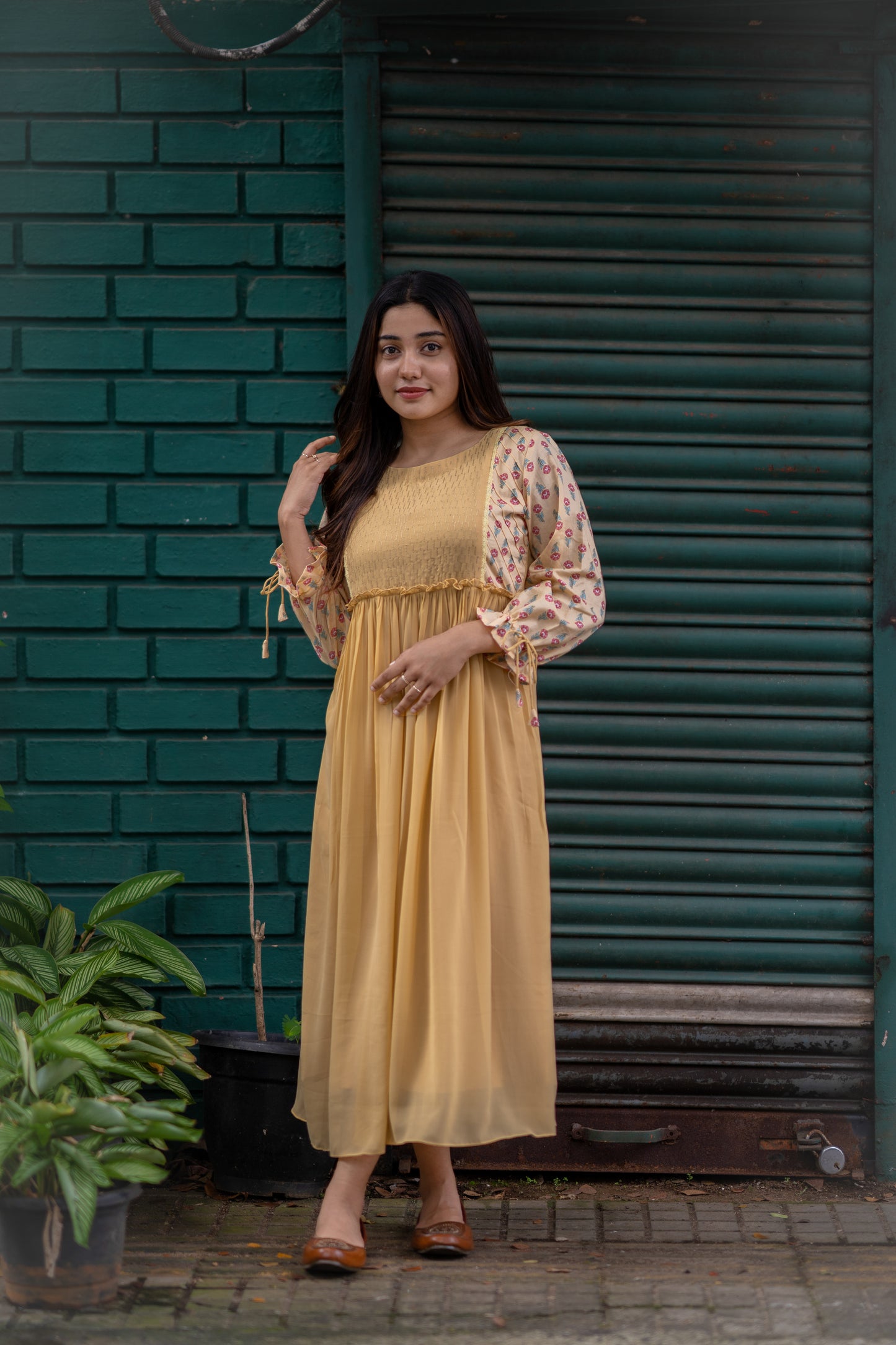 Pastel yellow shaded georgette Aline kurti with zari thread detailed yoke and cotton sleeves MBS-486