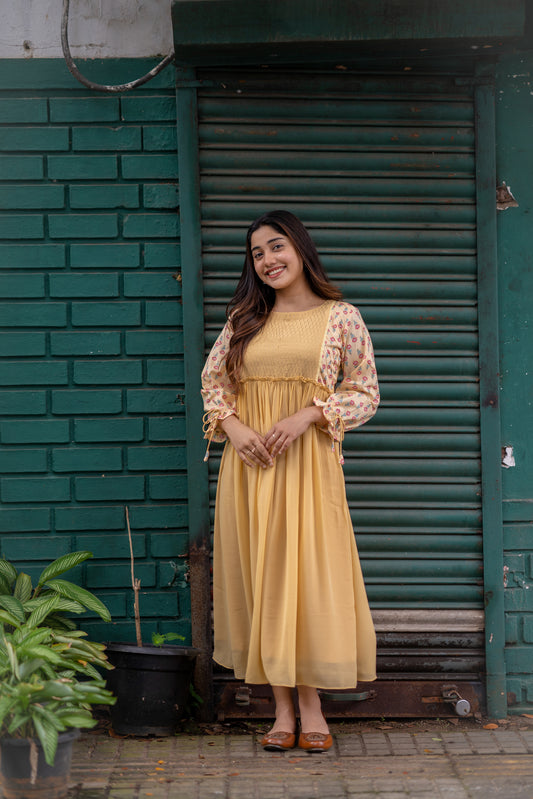 Pastel yellow shaded georgette Aline kurti with zari thread detailed yoke and cotton sleeves MBS-486