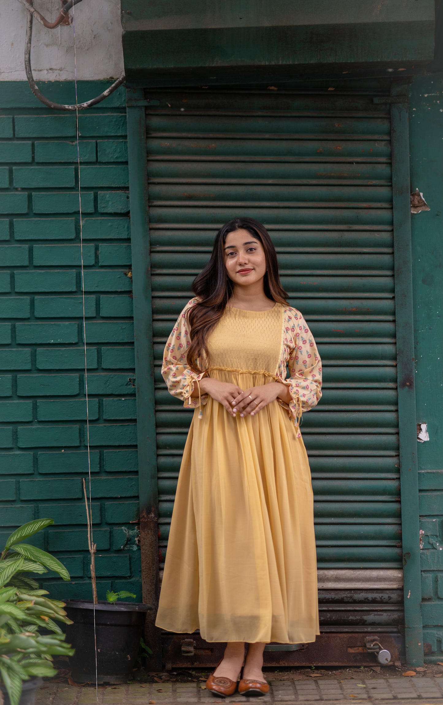 Pastel yellow shaded georgette Aline kurti with zari thread detailed yoke and cotton sleeves MBS-486