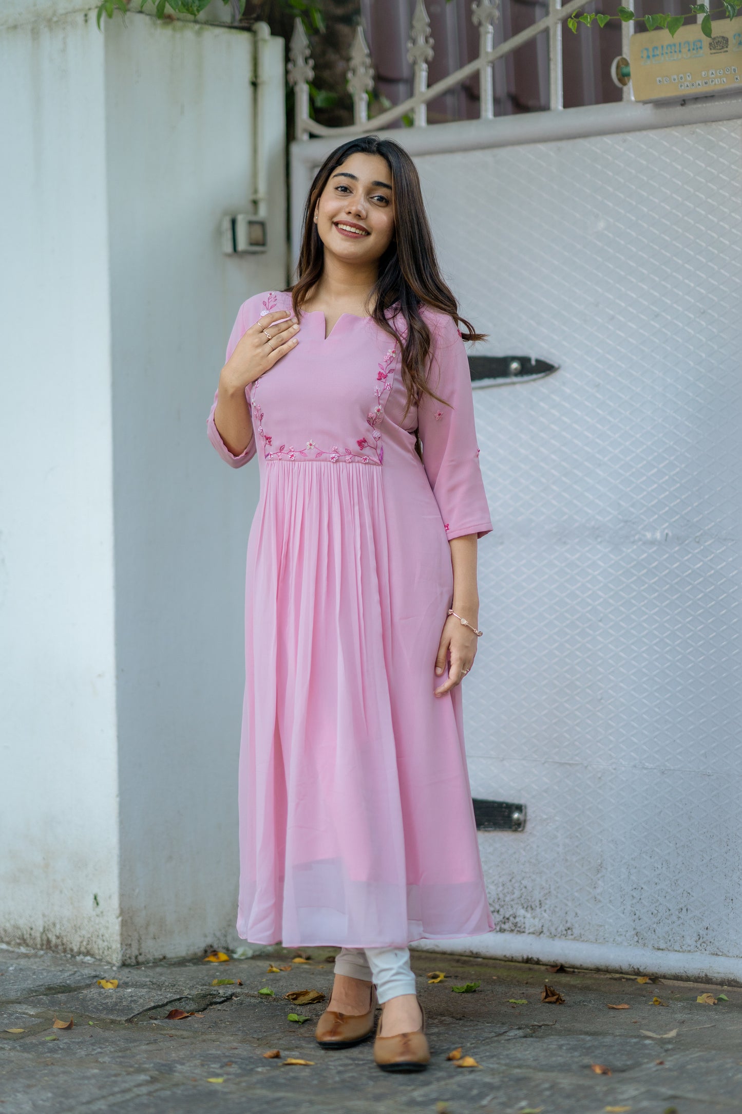 Pastel pink shaded georgette Aline kurti with thread worked yoke and sleeve MBS-487