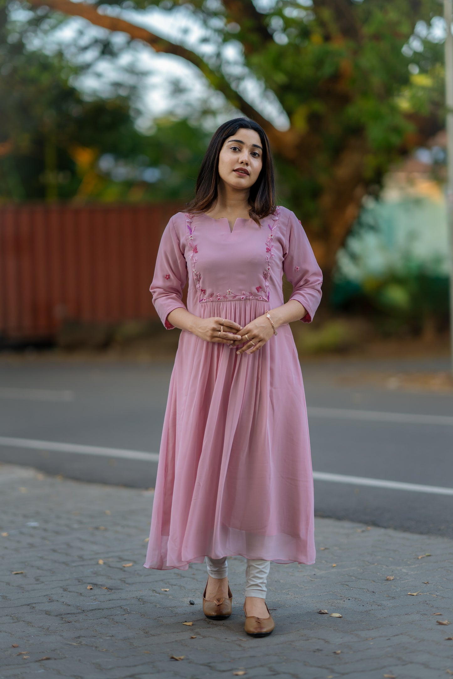 Pastel pink shaded georgette Aline kurti with thread worked yoke and sleeve MBS-487