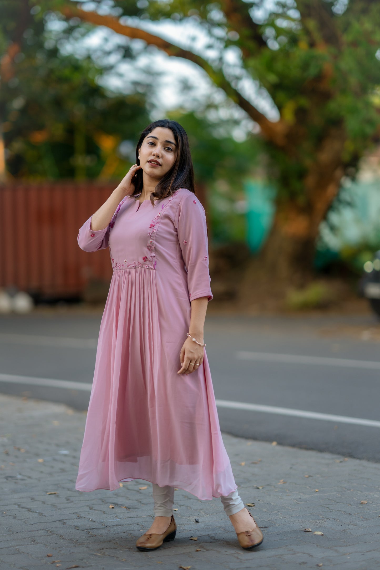 Pastel pink shaded georgette Aline kurti with thread worked yoke and sleeve MBS-487