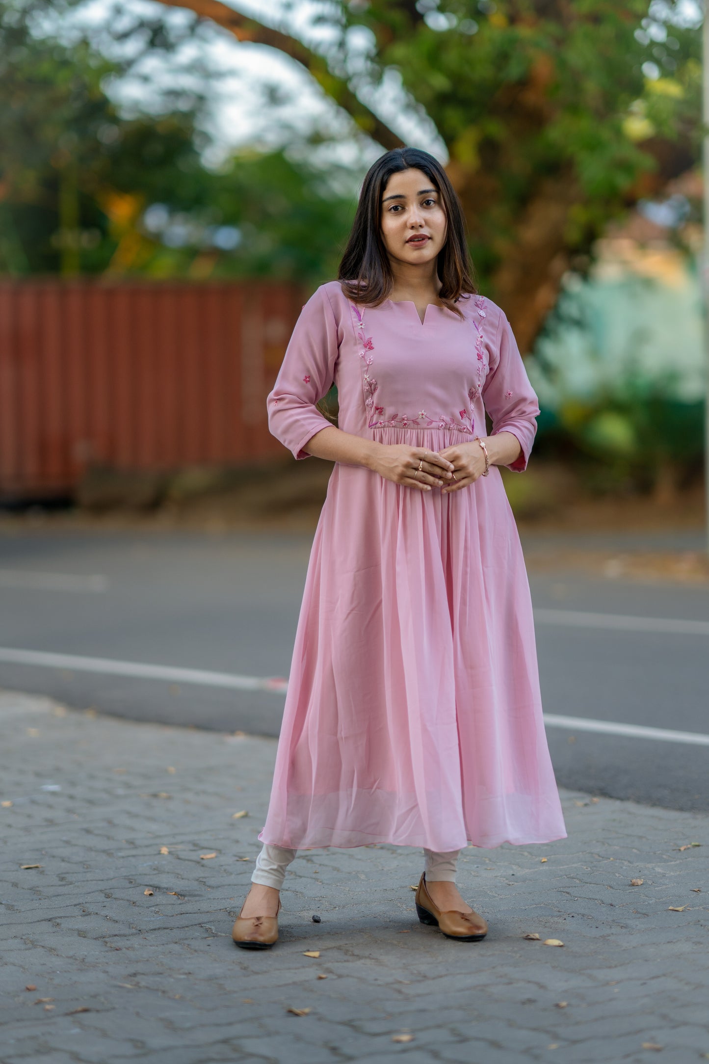 Pastel pink shaded georgette Aline kurti with thread worked yoke and sleeve MBS-487