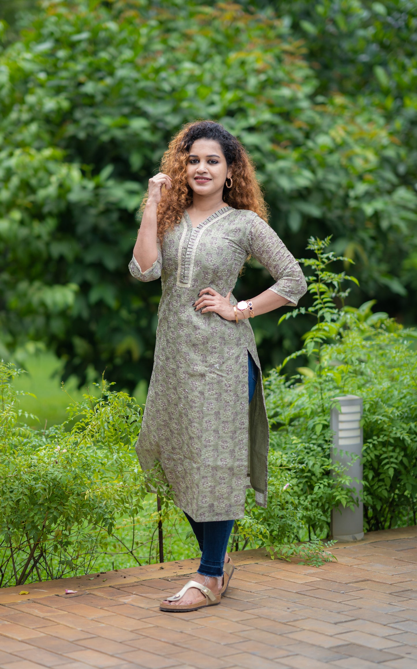 Green gram shaded kota phulkari kurti with pleated neck MBS-419  **Ready to Dispatch**