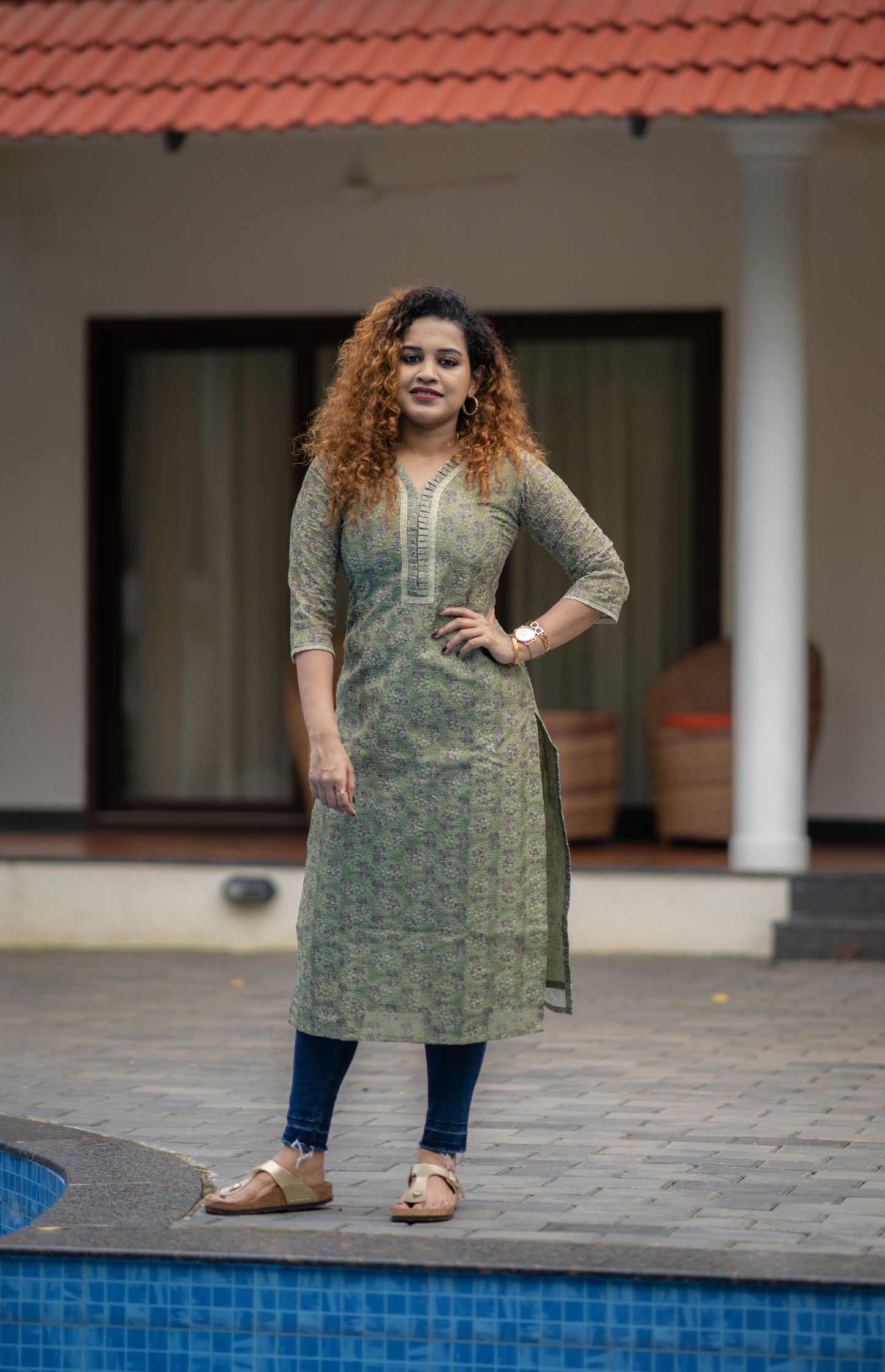 Green gram shaded kota phulkari kurti with pleated neck MBS-419  **Ready to Dispatch**