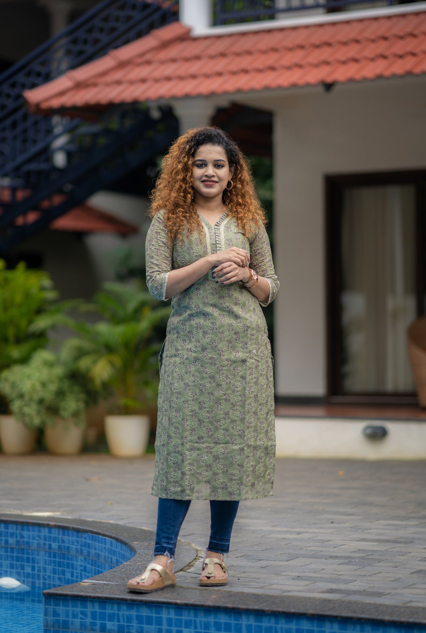 Green gram shaded kota phulkari kurti with pleated neck MBS-419  **Ready to Dispatch**