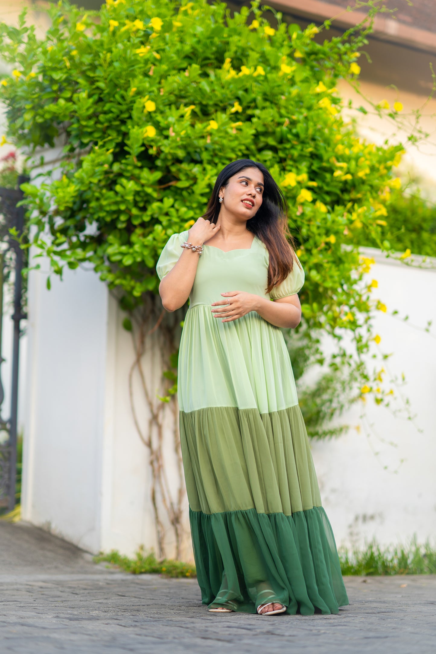 Fully gathered multi colour layer gown/dress in green palette MBS-288