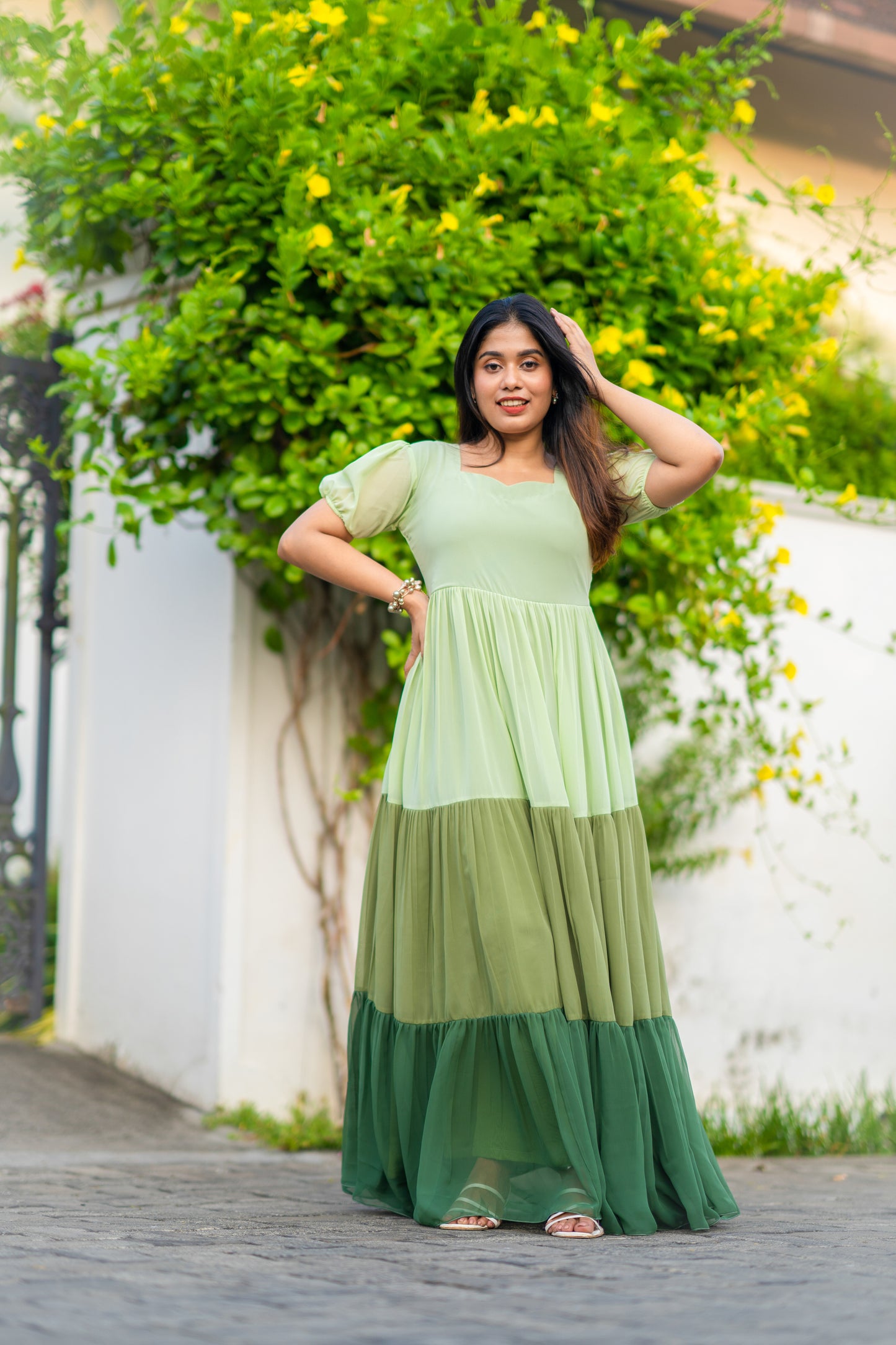 Fully gathered multi colour layer gown/dress in green palette MBS-288