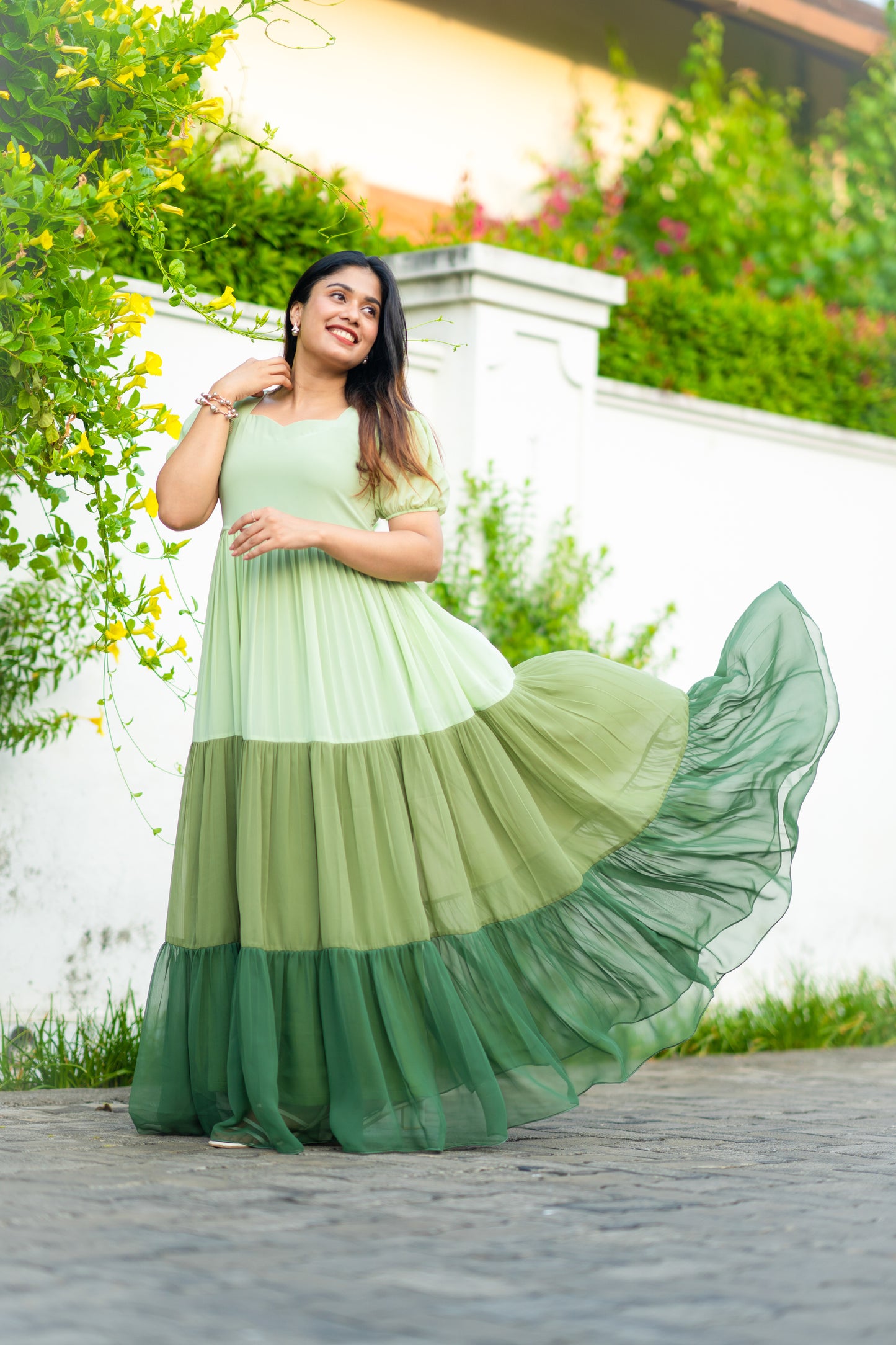 Fully gathered multi colour layer gown/dress in green palette MBS-288