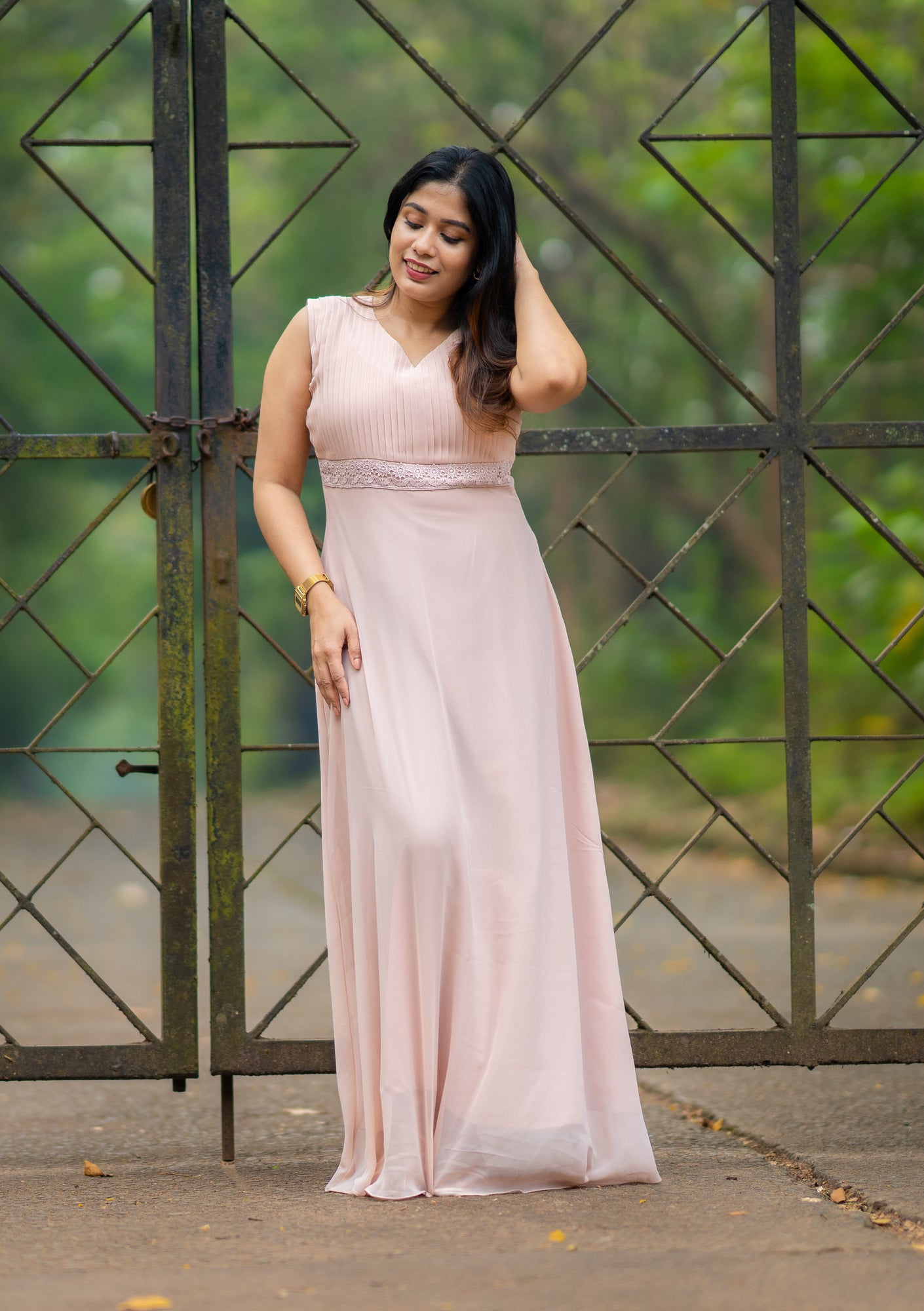 Gown with pleated yoke in pastel shade MBS-291