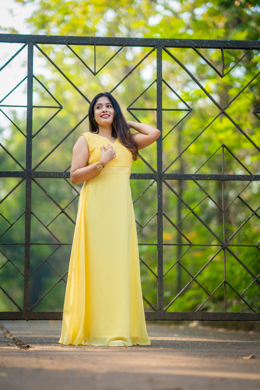 Gown with pleated yoke in yellow shade MBS-292