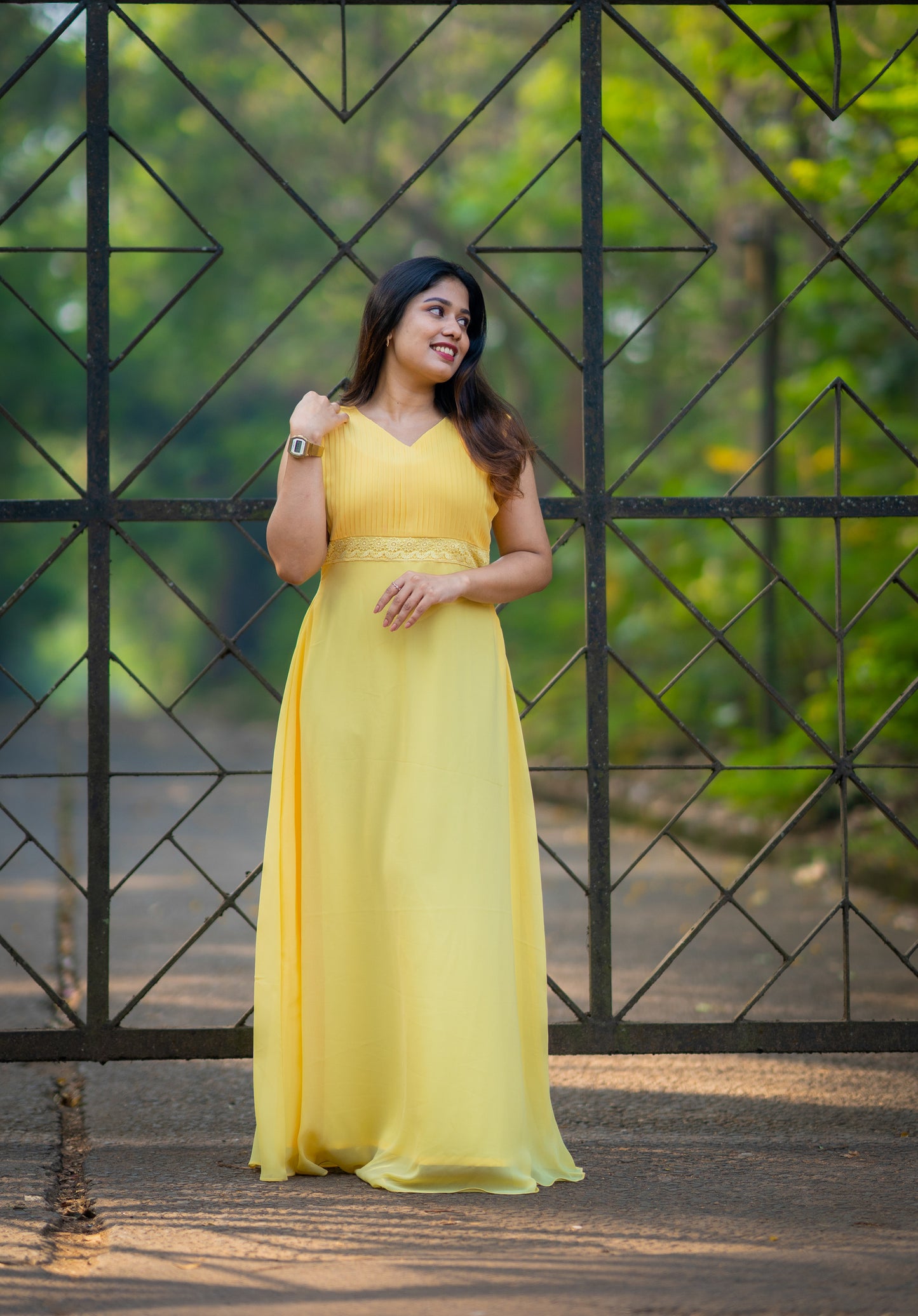 Gown with pleated yoke in yellow shade MBS-292