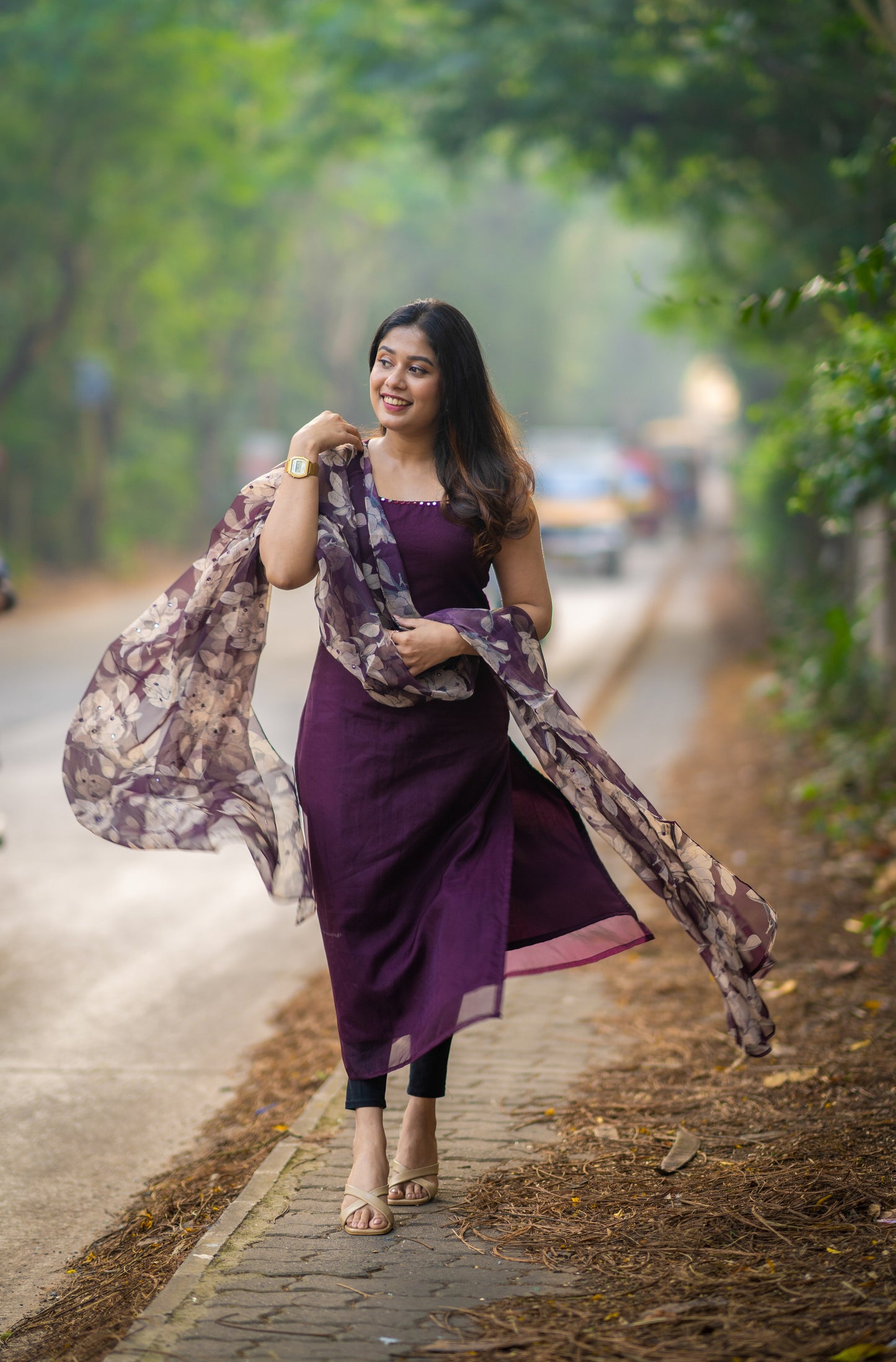 Burgundy shaded organza kurti with mirror worked neckline  and printed organza dupatta MBS-300