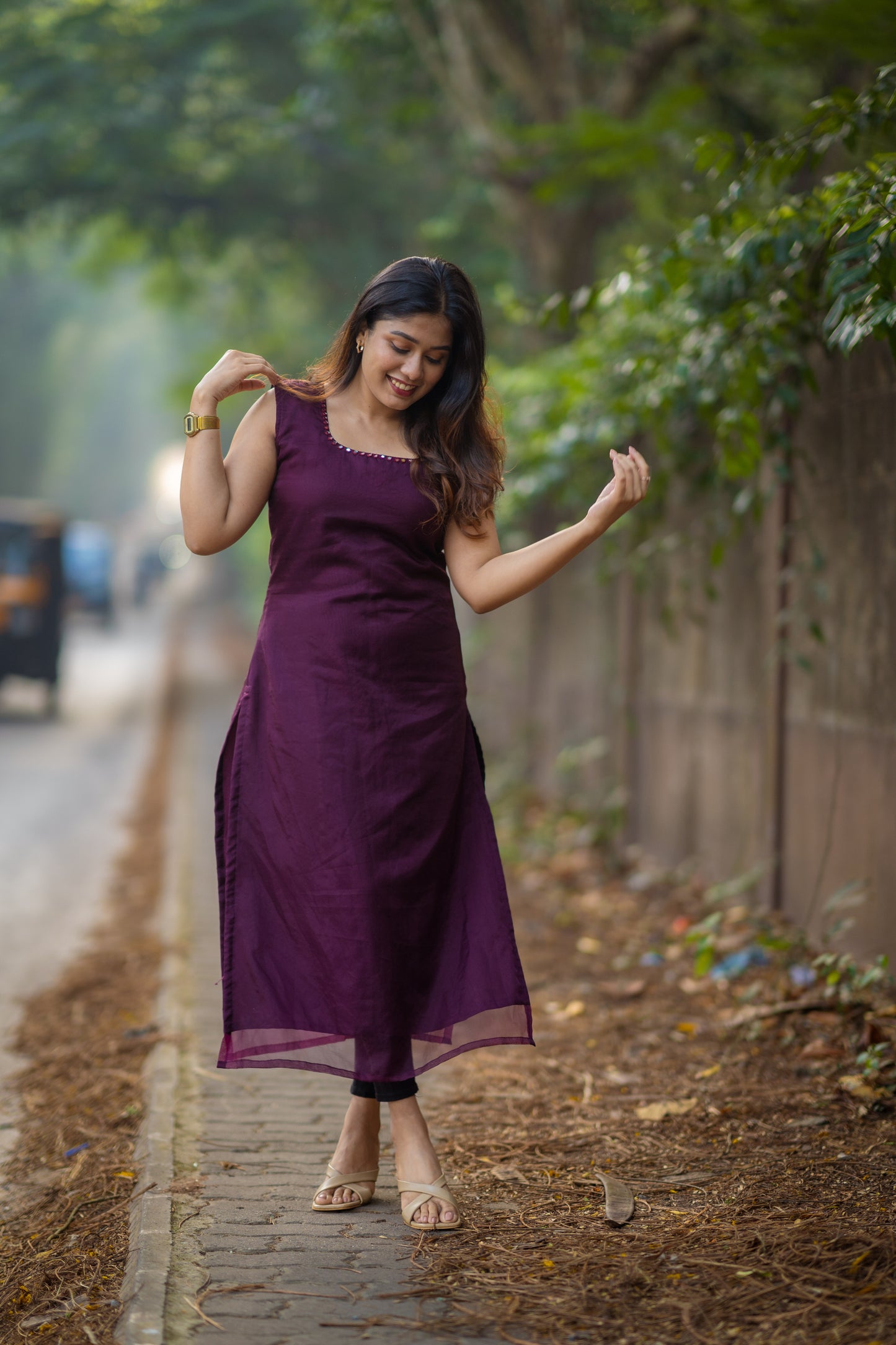 Burgundy shaded organza kurti with mirror worked neckline MBS-299