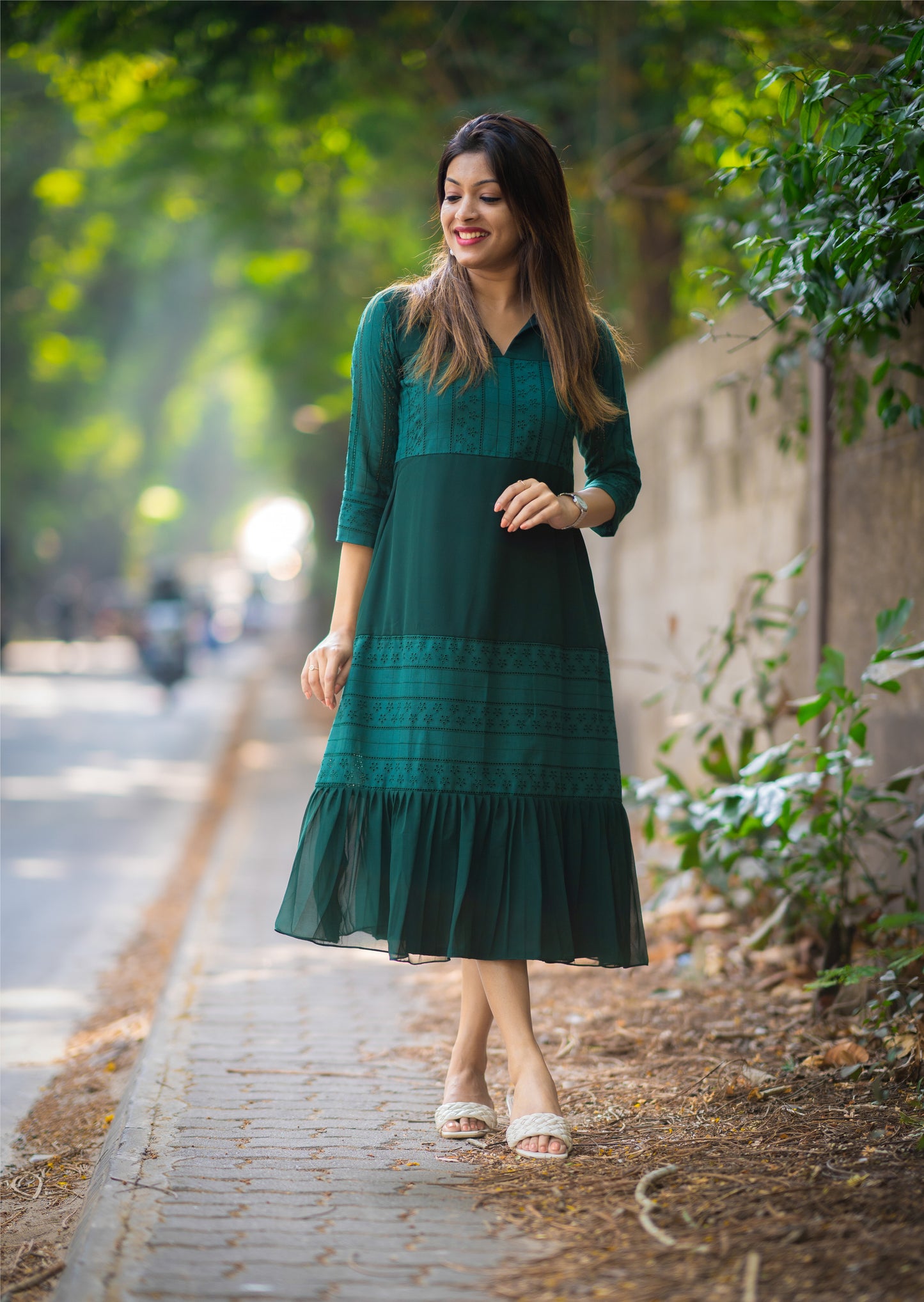 Tiered dress/kurti with georgette and hacoba in bottle green shade MBS-304