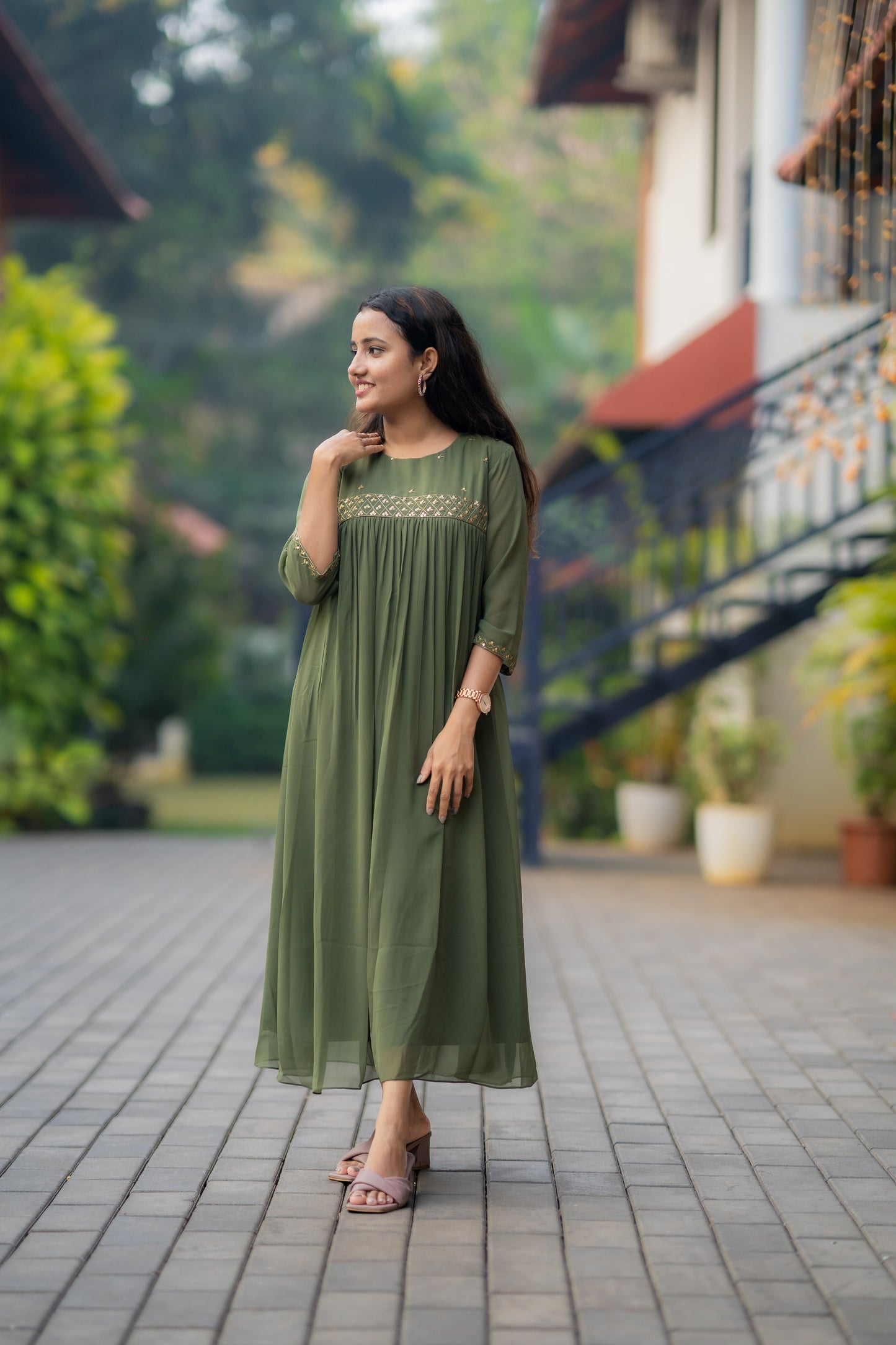 Olive green shaded georgette Aline kurti with zari and sequins detailed yoke MBS-499