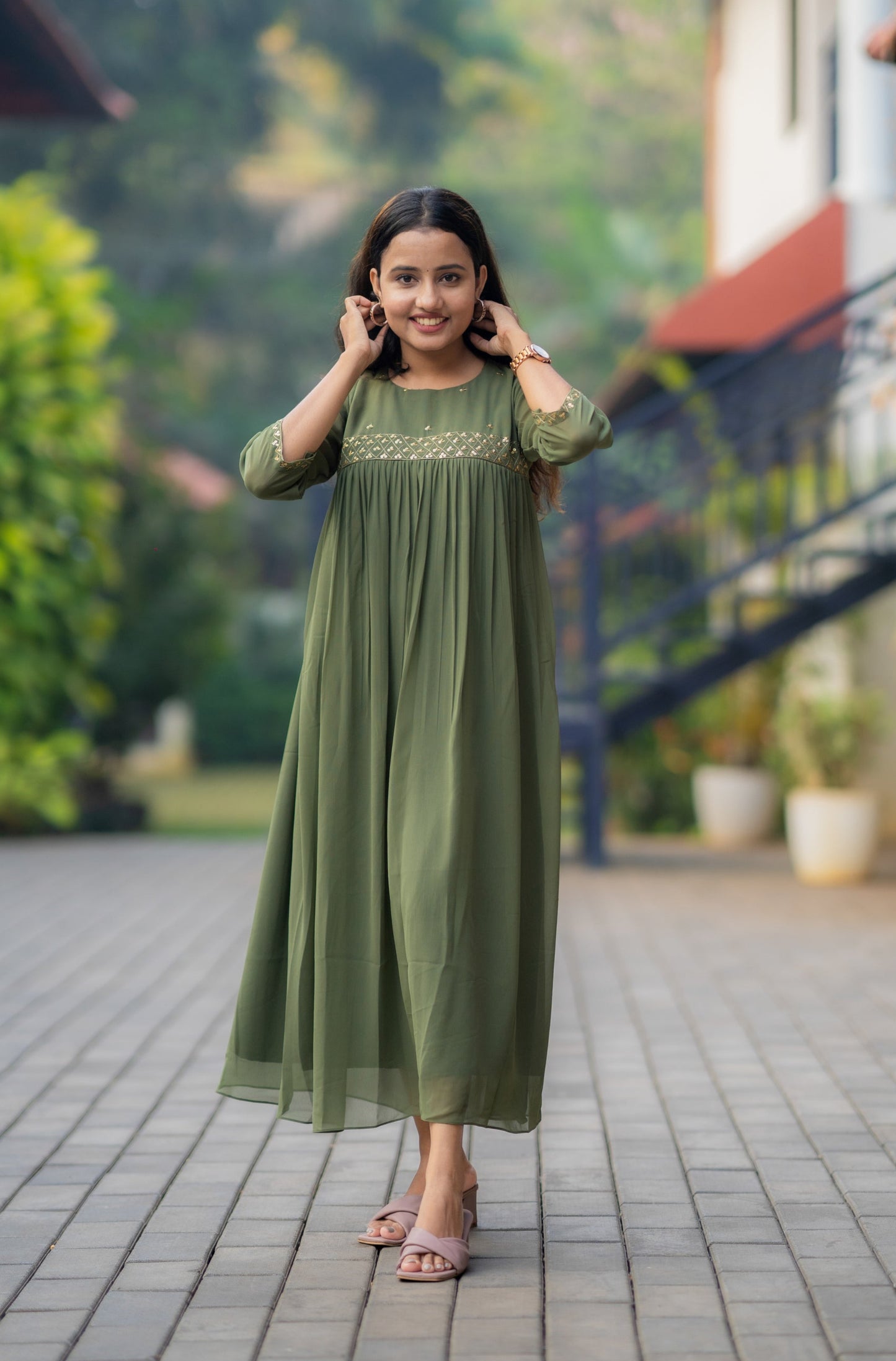 Olive green shaded georgette Aline kurti with zari and sequins detailed yoke MBS-499