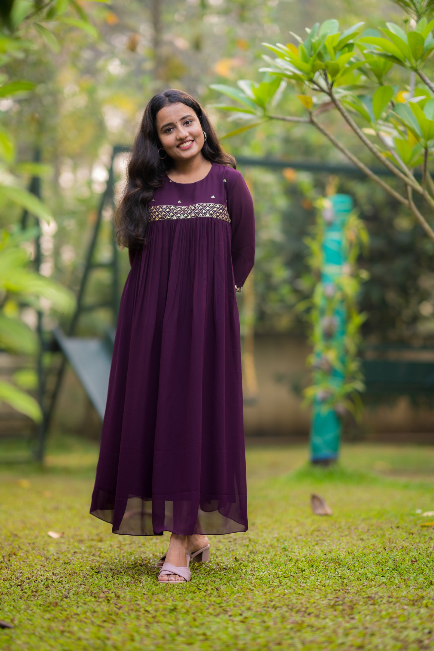 Grape wine shaded georgette Aline kurti with zari and sequins detailed yoke MBS-500