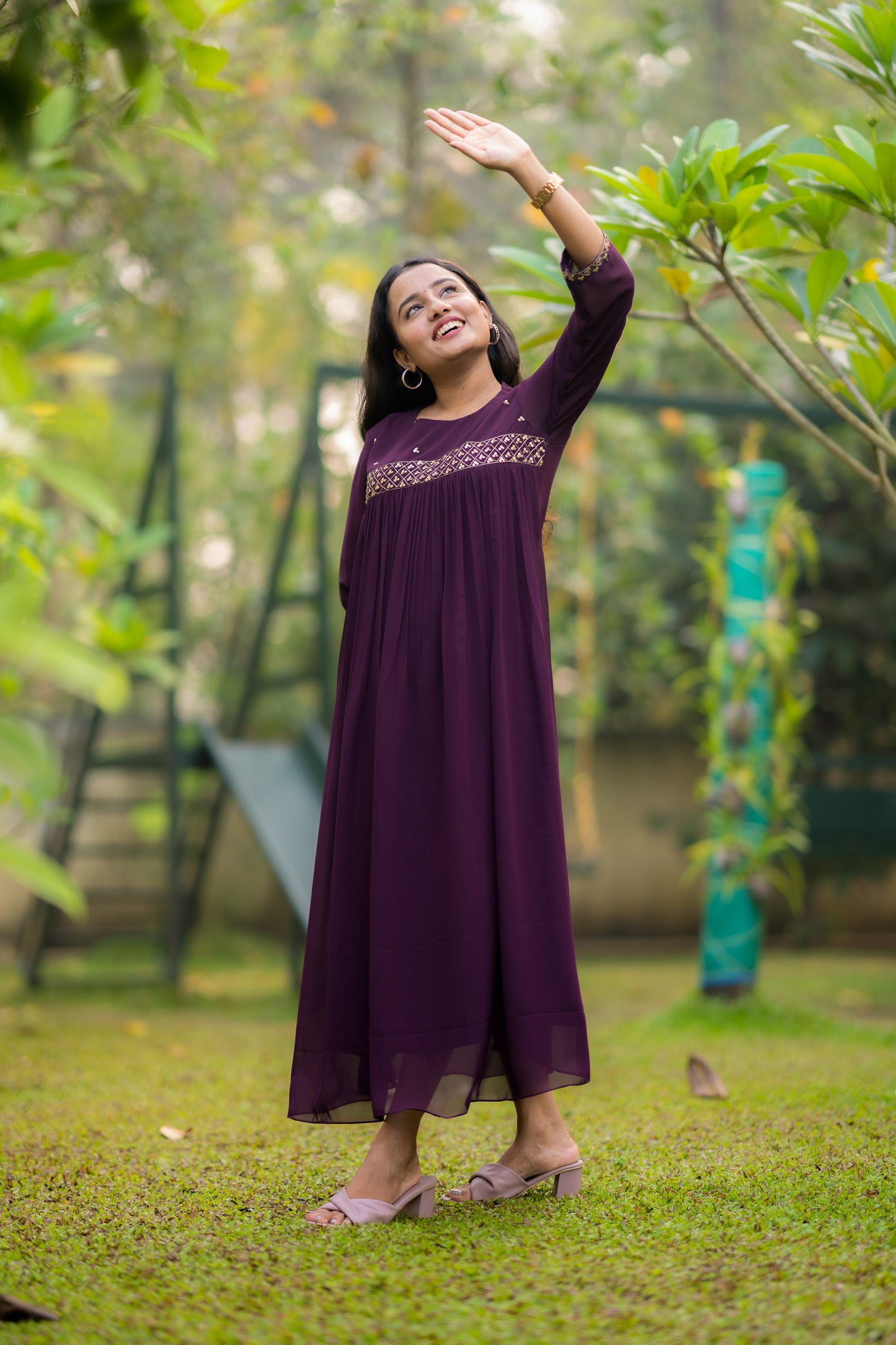 Grape wine shaded georgette Aline kurti with zari and sequins detailed yoke MBS-500