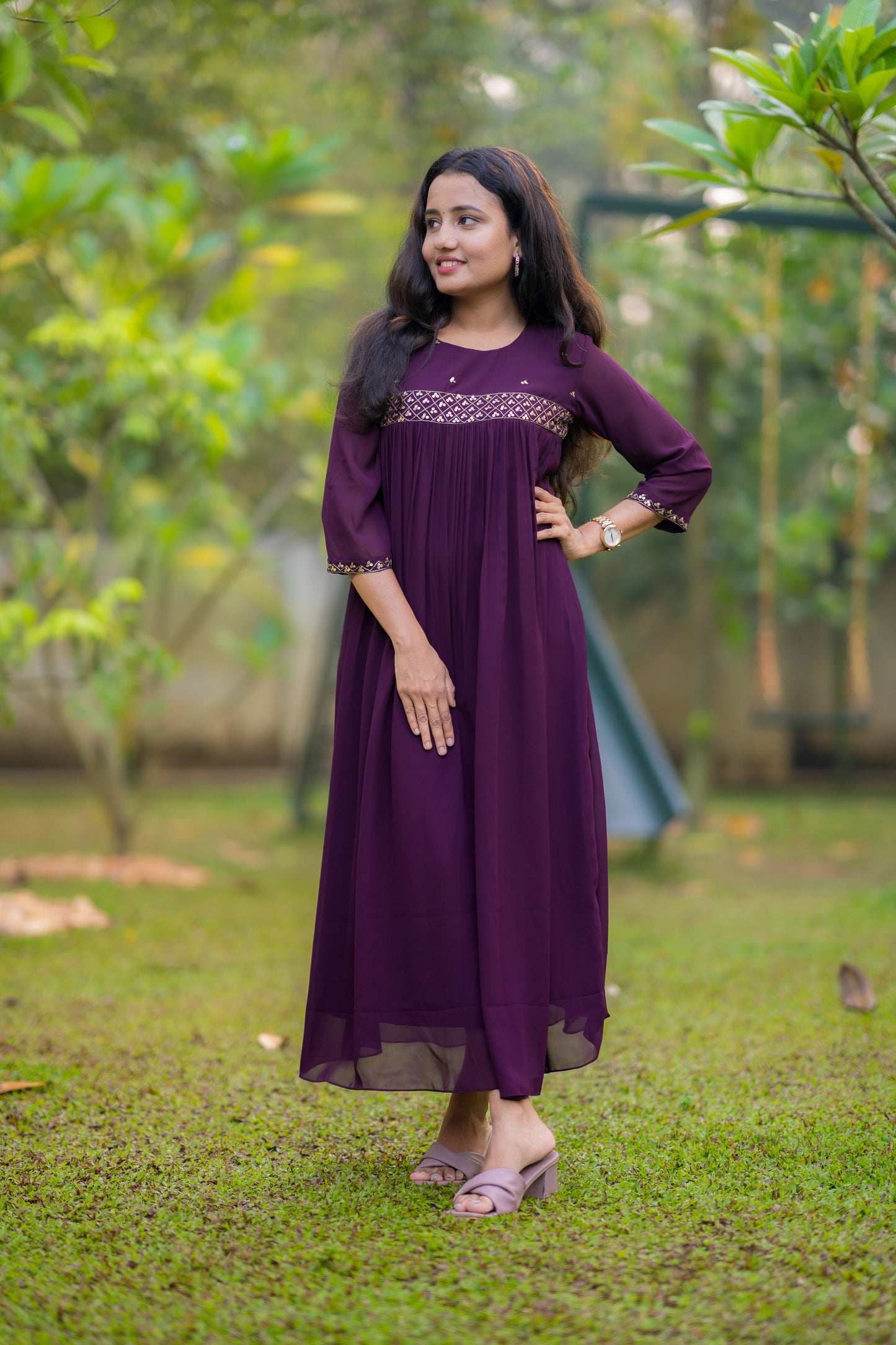 Grape wine shaded georgette Aline kurti with zari and sequins detailed yoke MBS-500