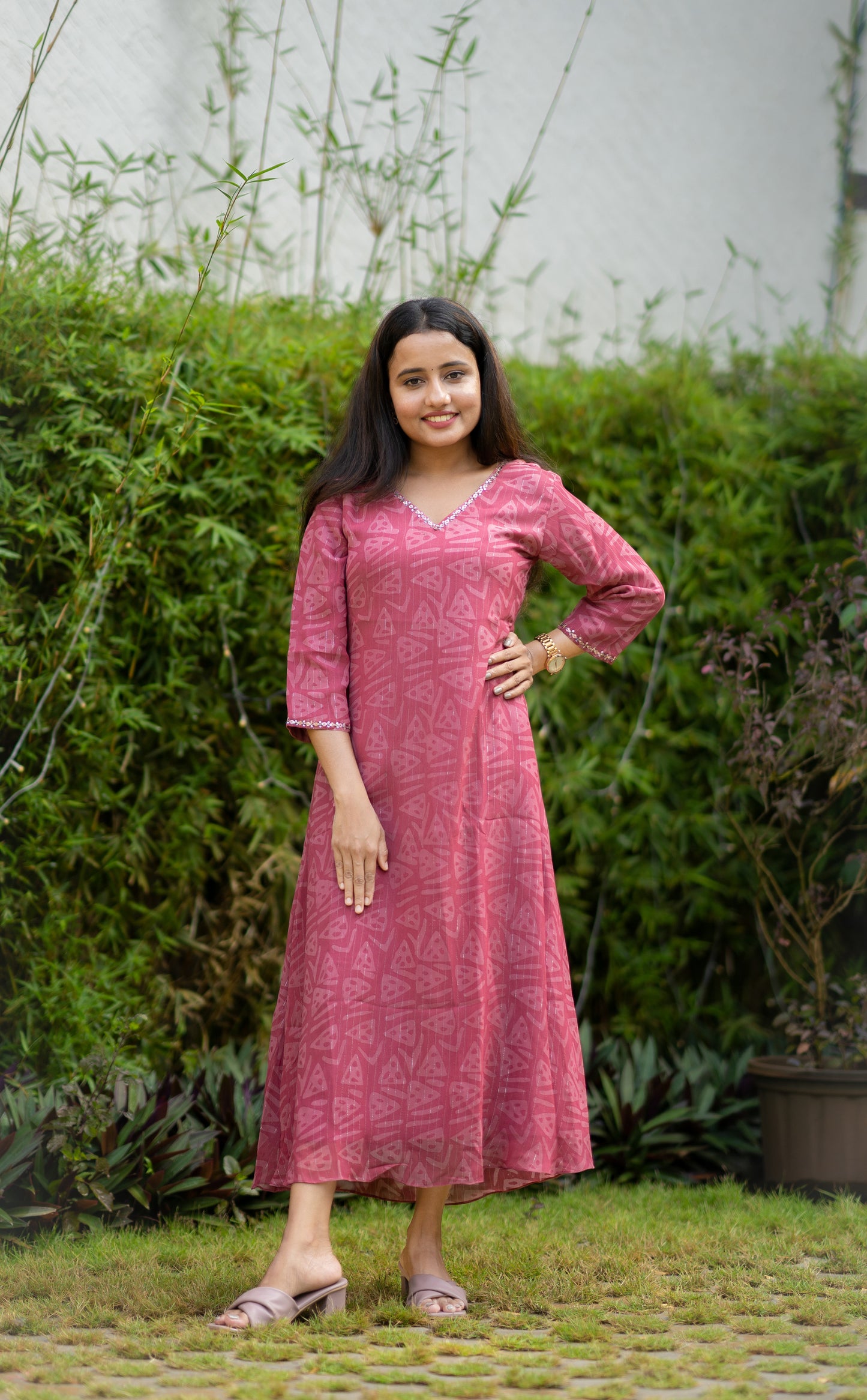 Pure lurex georgette Aline kurti/dress in pink shade with handworked neckline MBS-501