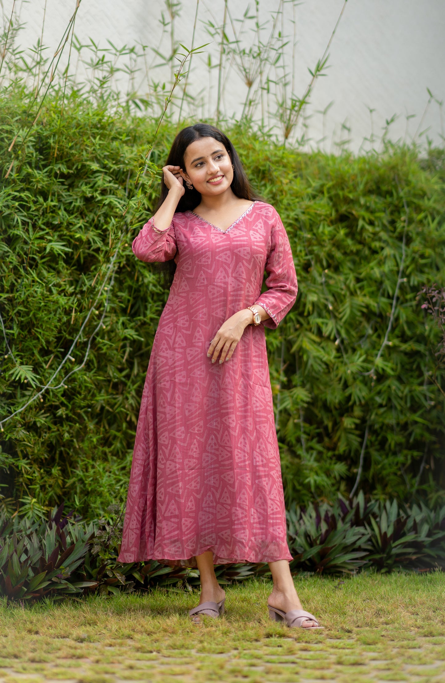 Pure lurex georgette Aline kurti/dress in pink shade with handworked neckline MBS-501