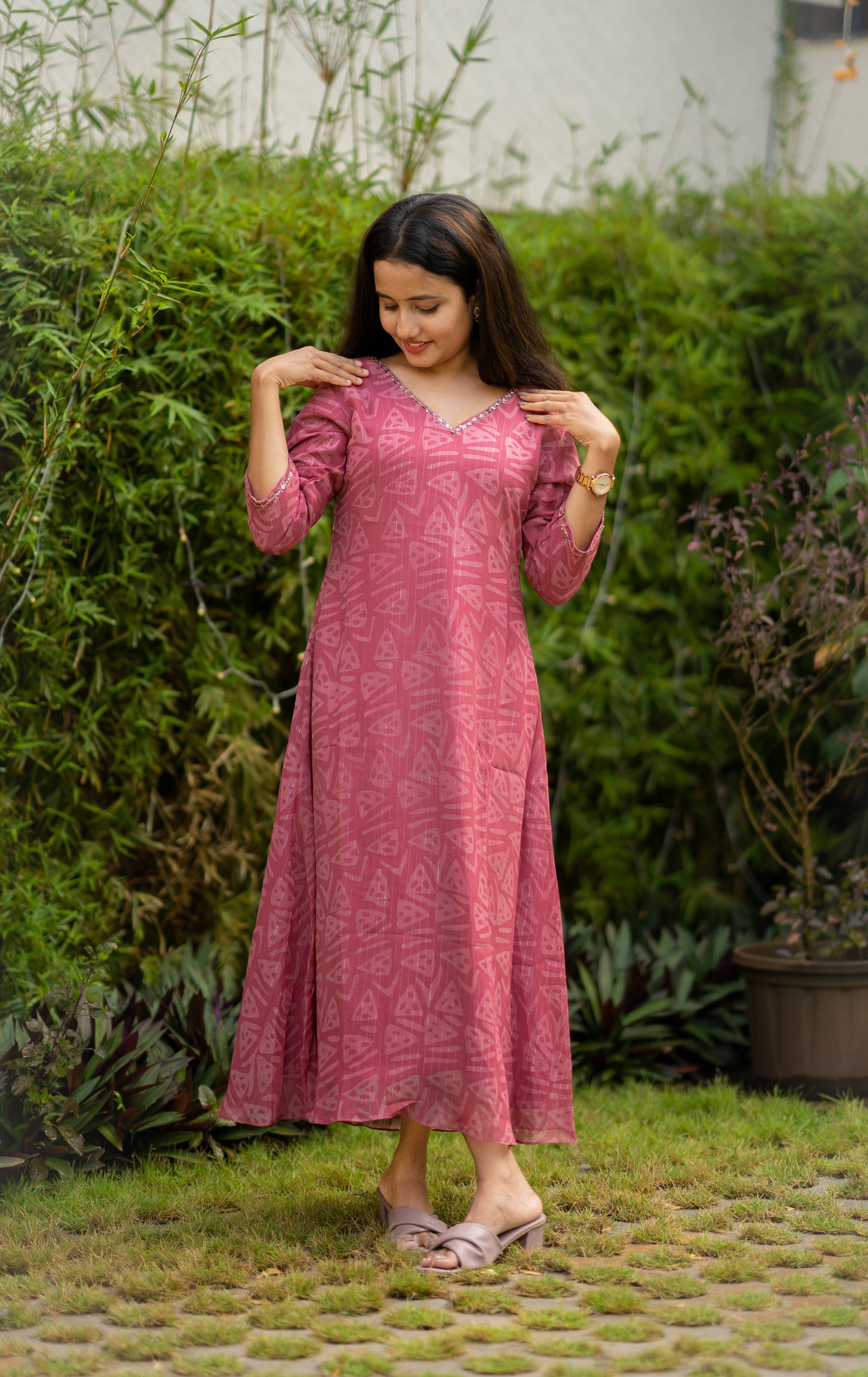 Pure lurex georgette Aline kurti/dress in pink shade with handworked neckline MBS-501