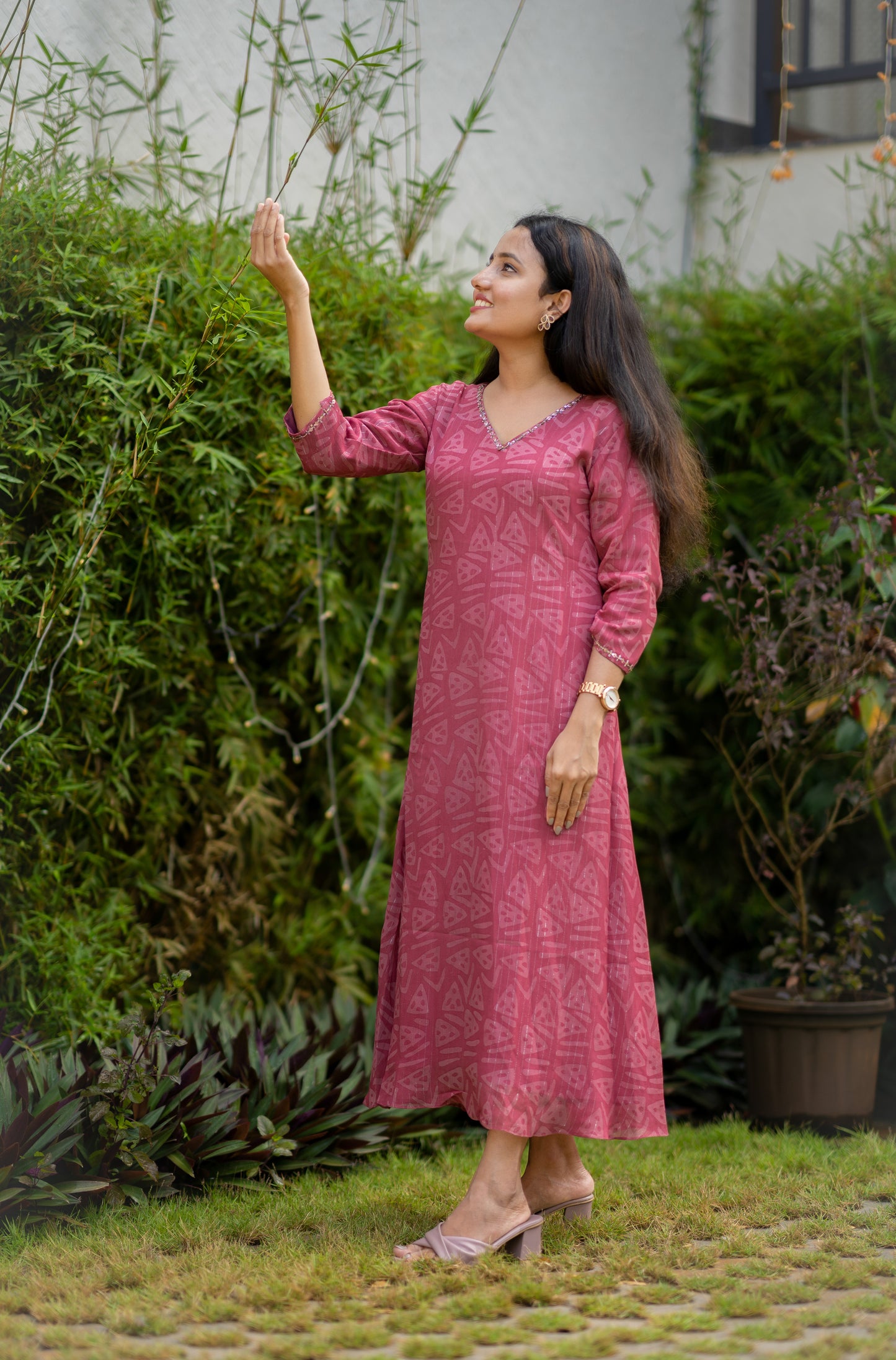 Pure lurex georgette Aline kurti/dress in pink shade with handworked neckline MBS-501