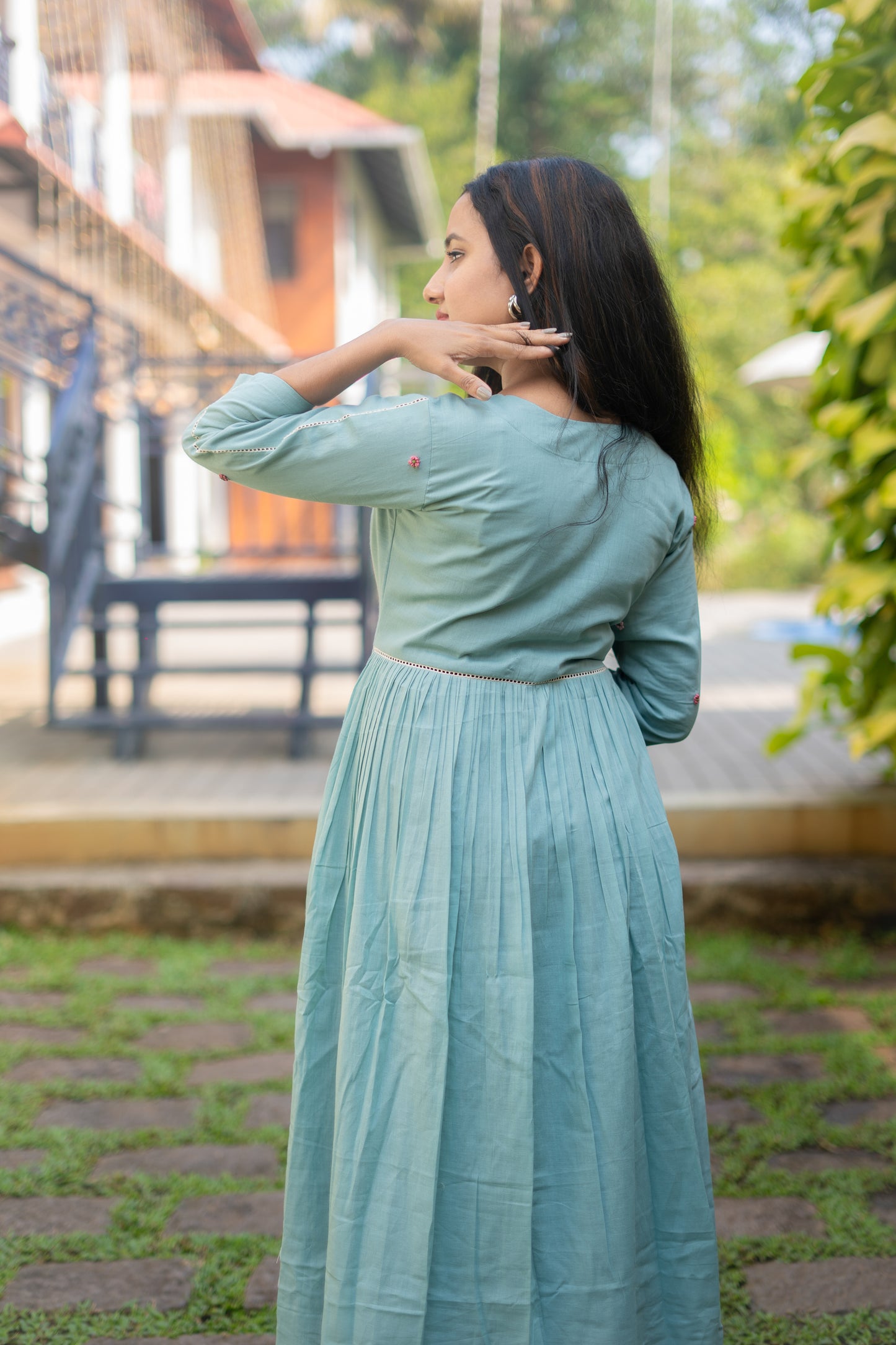 Seafoam shaded pure mul cotton kurti/dress with thread worked embroidery on yoke MBS-502